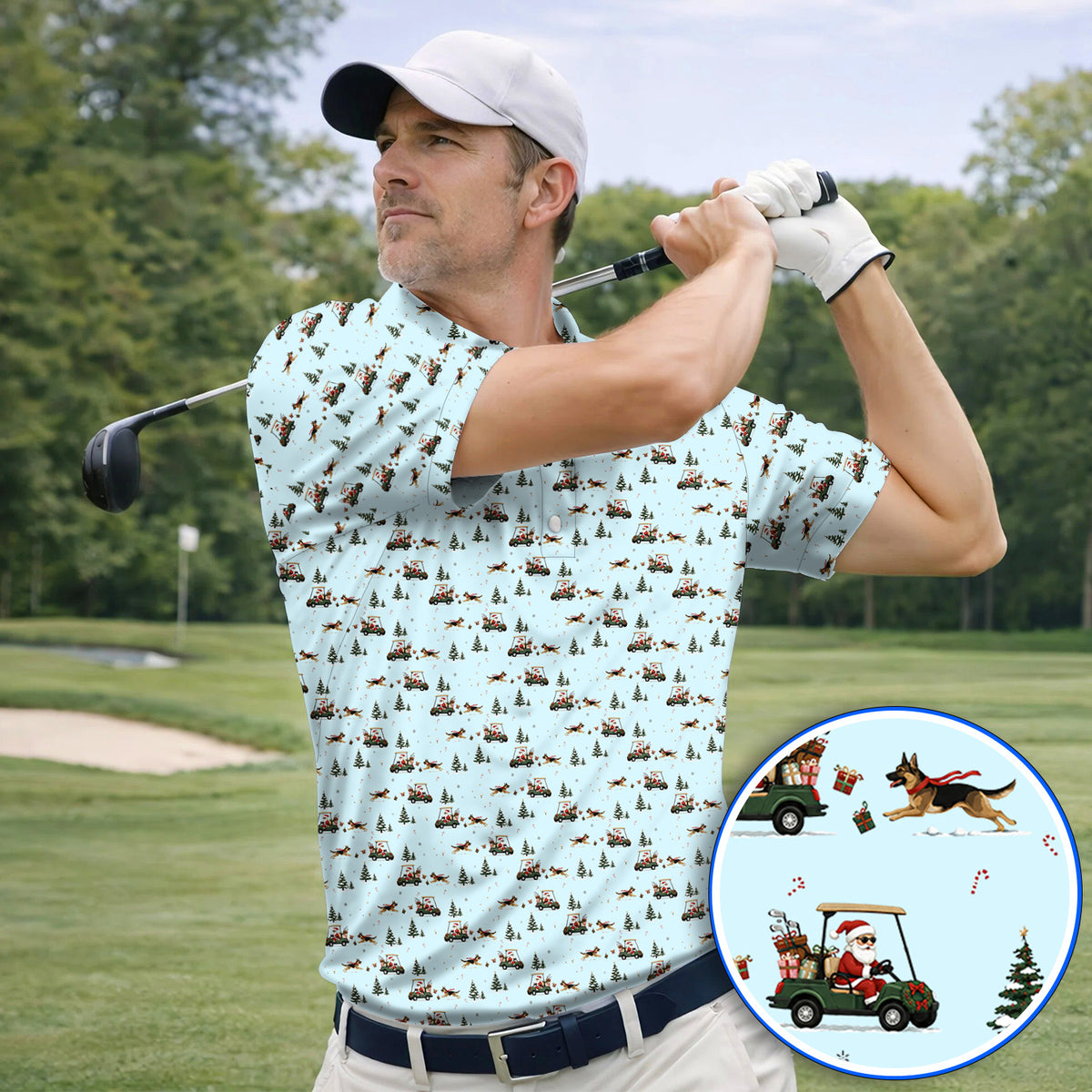 German Shepherd Pattern Golf Polos, German Christmas Golf Cart Shirt, Festive Golf Gift for Dog Lovers