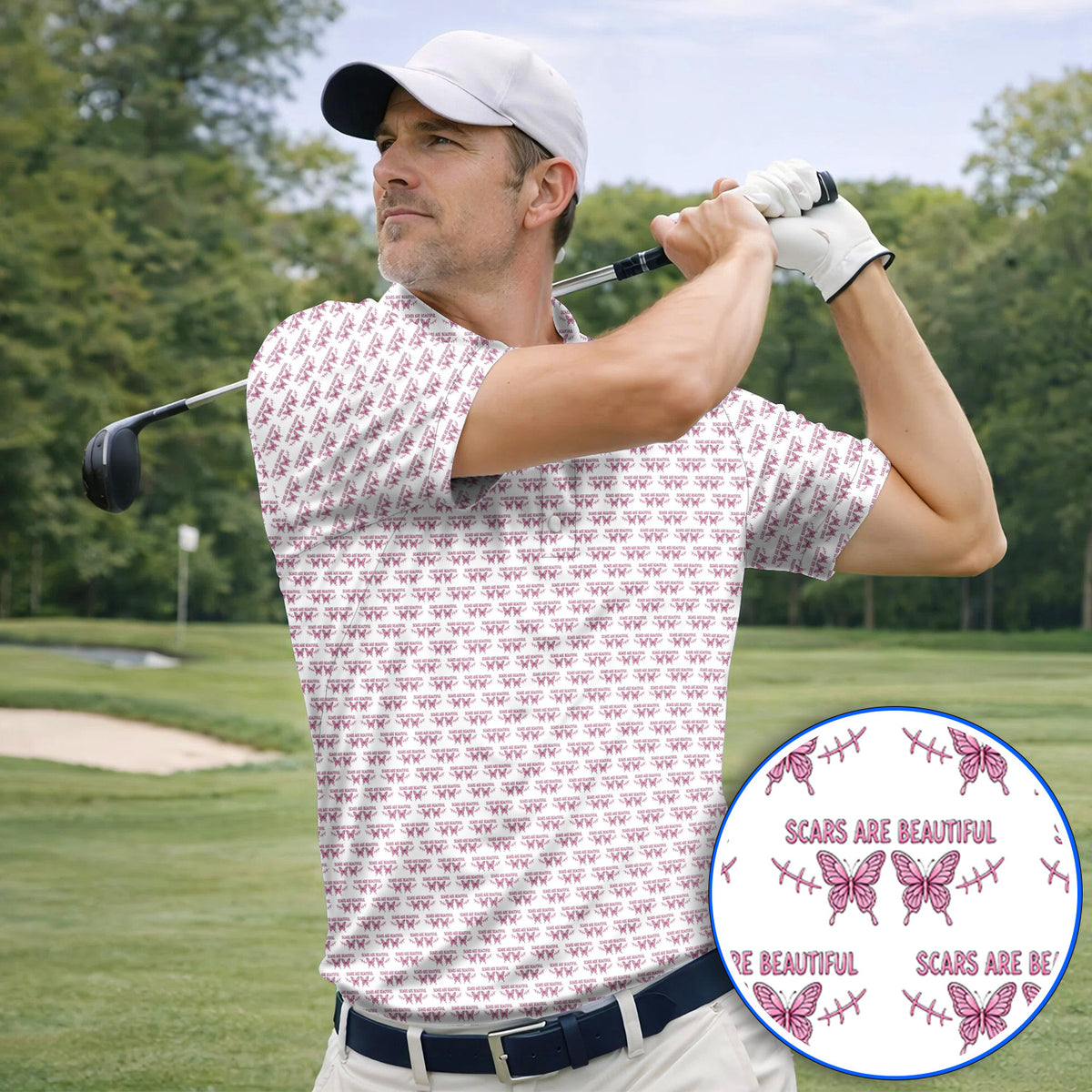 Scars Are Beautiful Breast Cancer Awareness Golf Polos, Pink Butterfly Survivor Pattern Shirt, Inspirational Golf Gift for Golfer