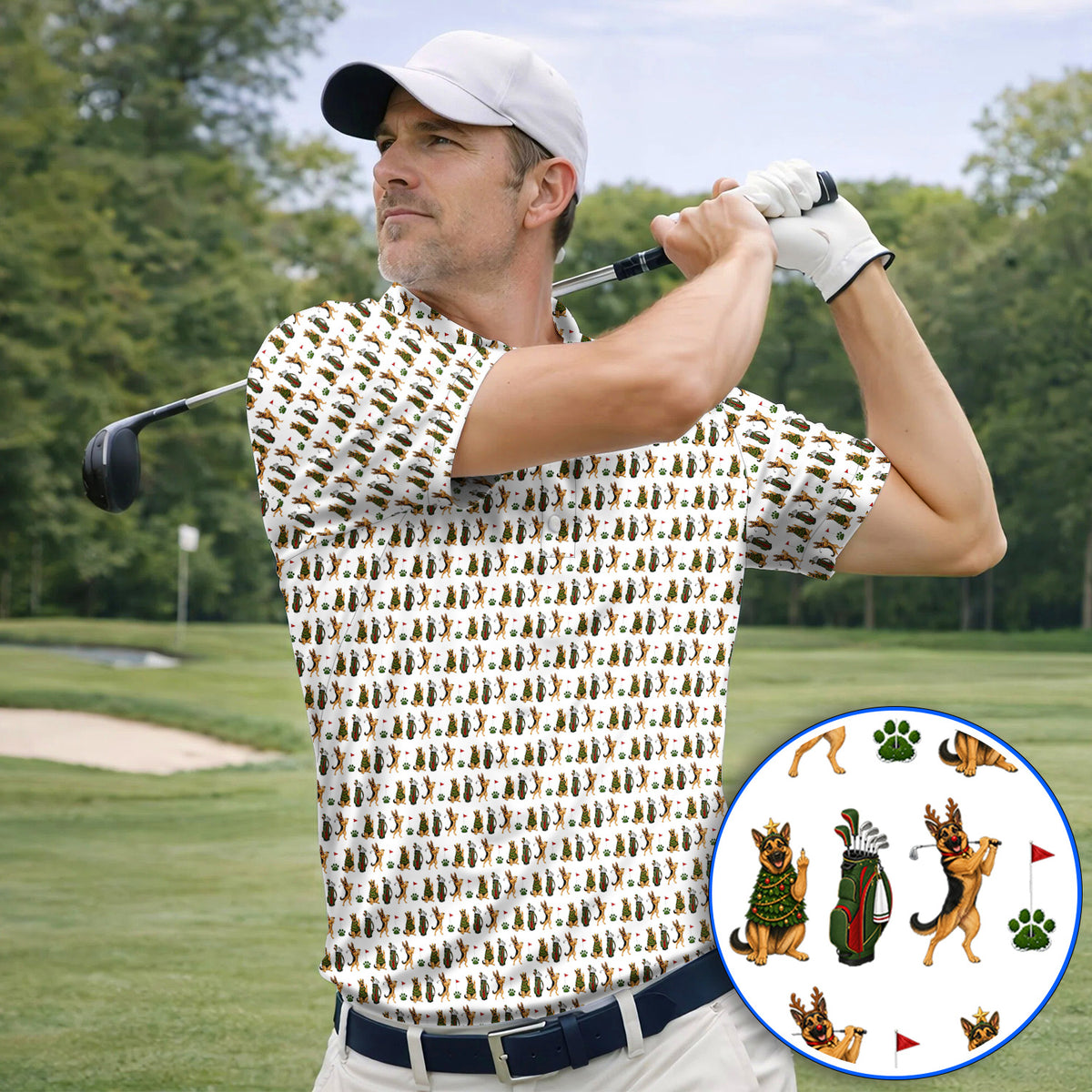 German Shepherd Christmas Golf Shirt, German Shepherd Pattern Golf Polos, Xmas Golf Gift For Golfer