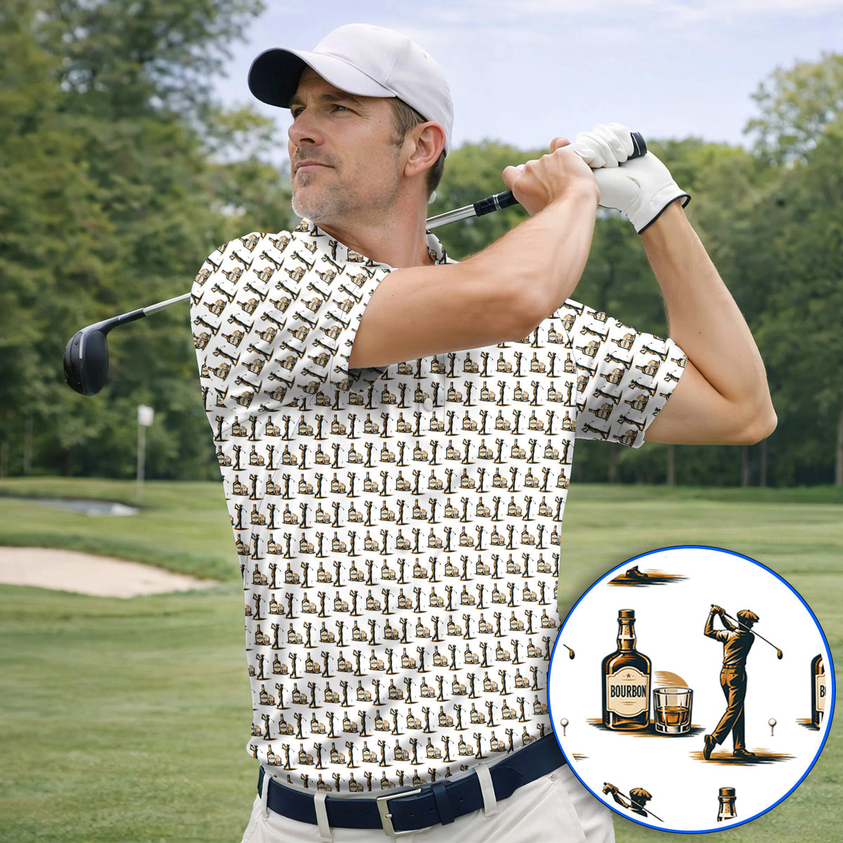 Bourbon Golf Polos, Whiskey Lover Golf Pattern Shirt, Funny Golf Gift For Golfer