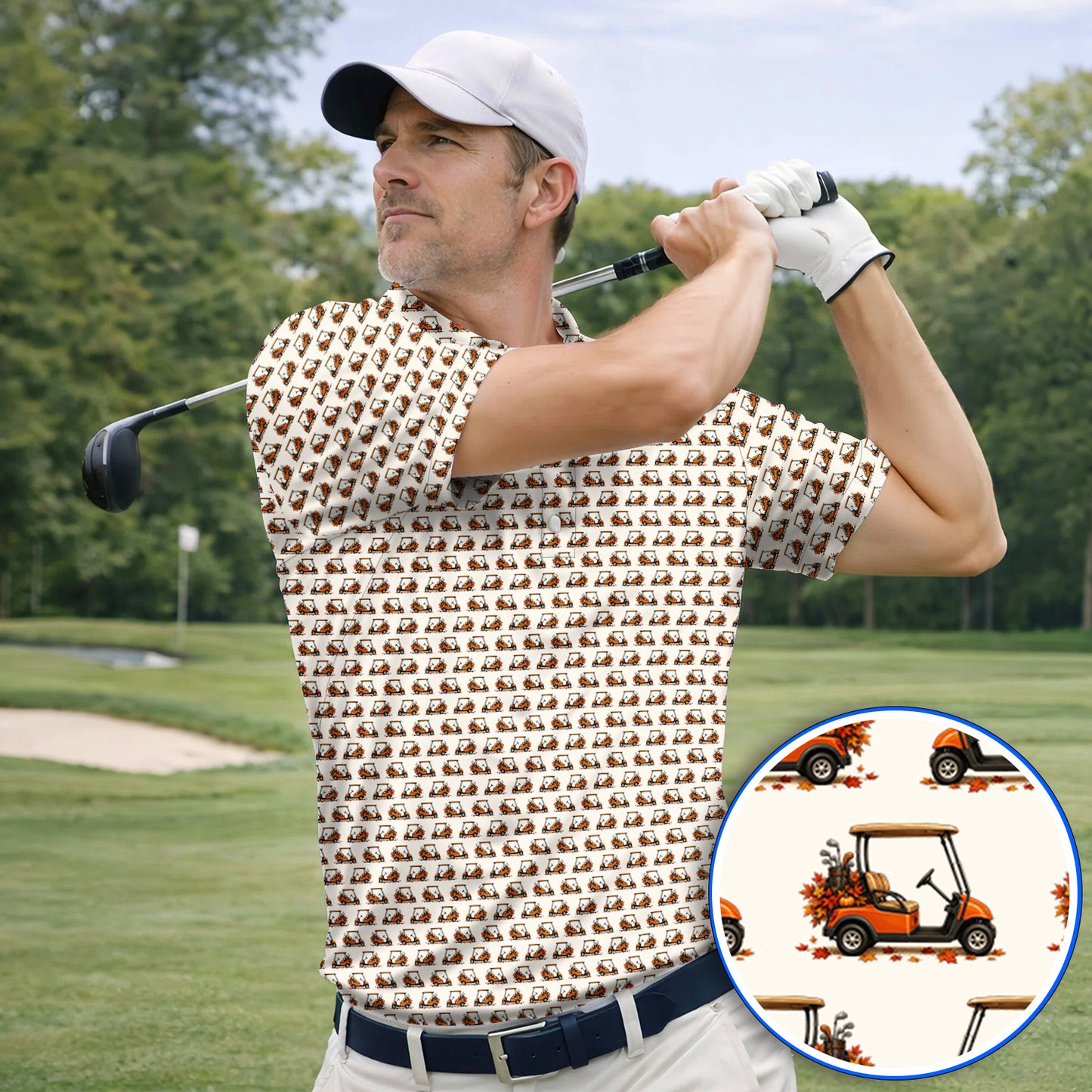 Fall Pattern Golf Shirt, Autumn Golf Cart Polos, Funny Golf Gift For Golfer
