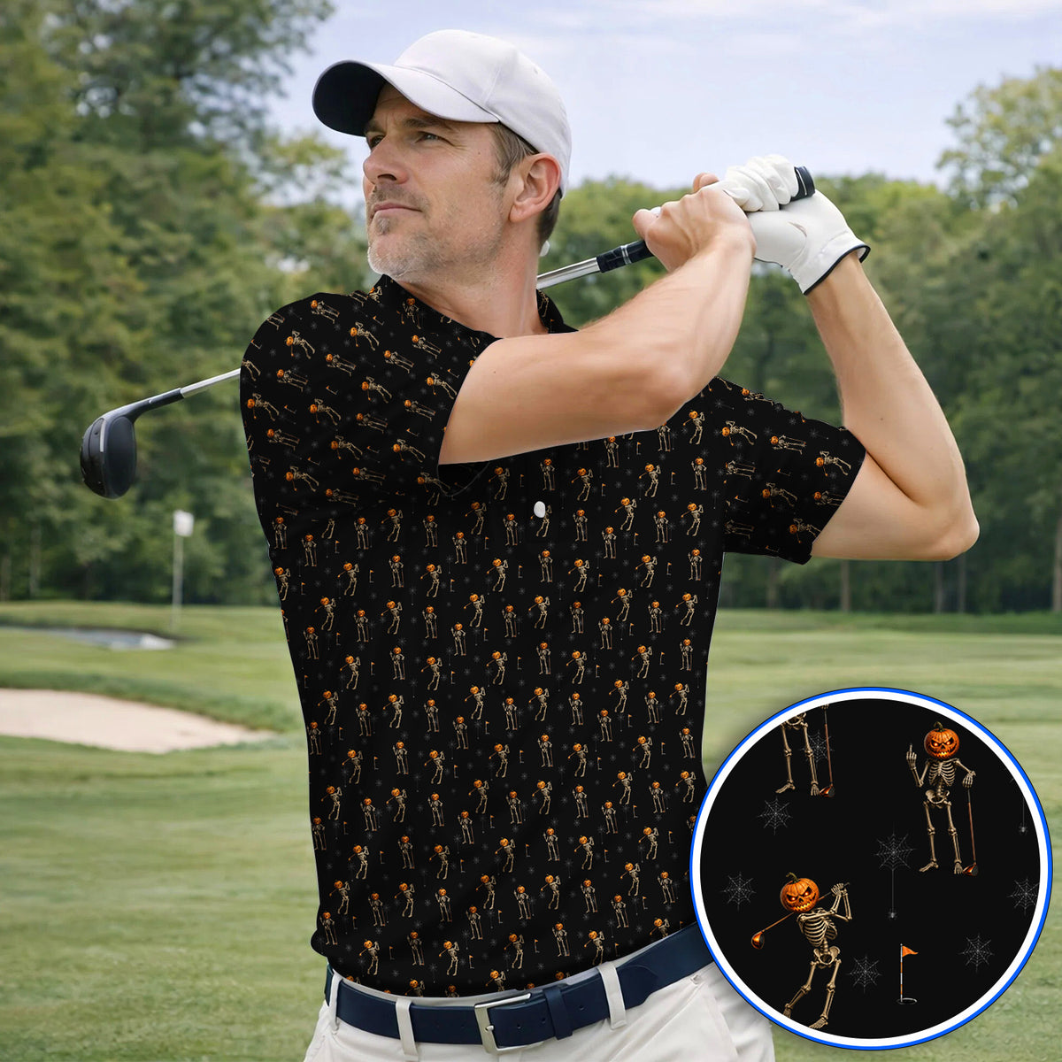 Halloween Skeleton Golf Polos, Pumpkin Head Pattern Golf Shirt, Funny Golf Gift for Golfer