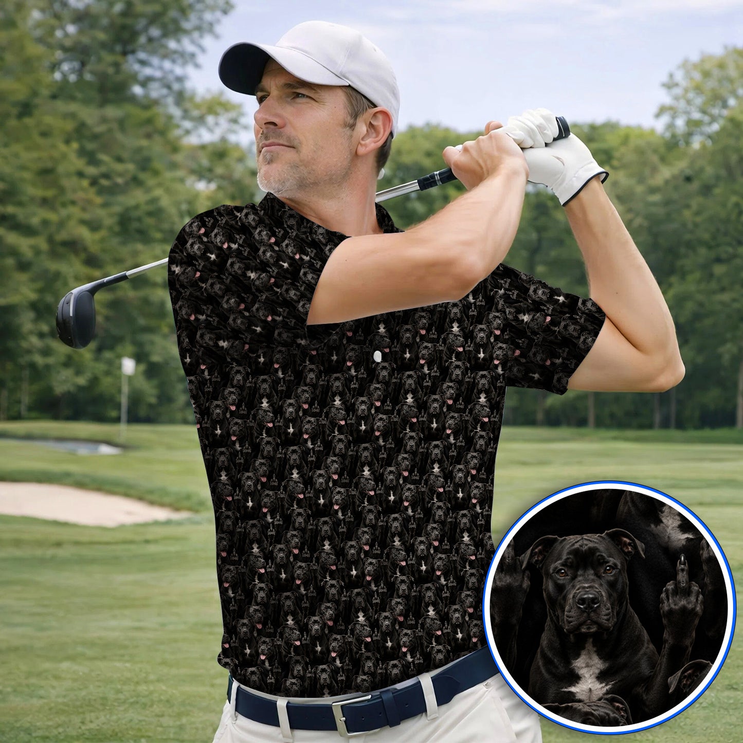 Pit Bull Middle Finger Golf Polos, Funny Pit Bull Pattern Golf Shirt for Dog Lovers, Golf Gift For Golfer