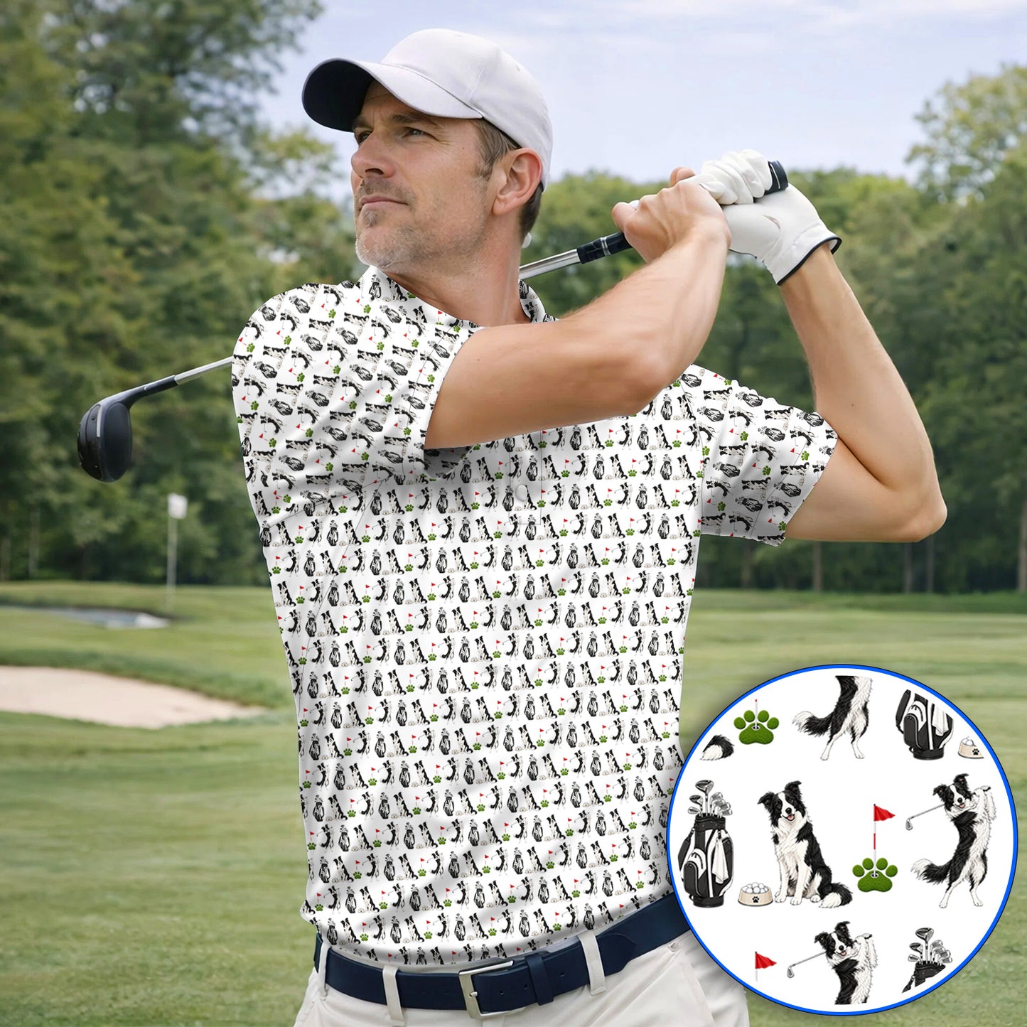 Border Collie Golf Polos, Border Collie Pattern Golf Shirt for Dog Lovers, Funny Golf Gift for Golfer
