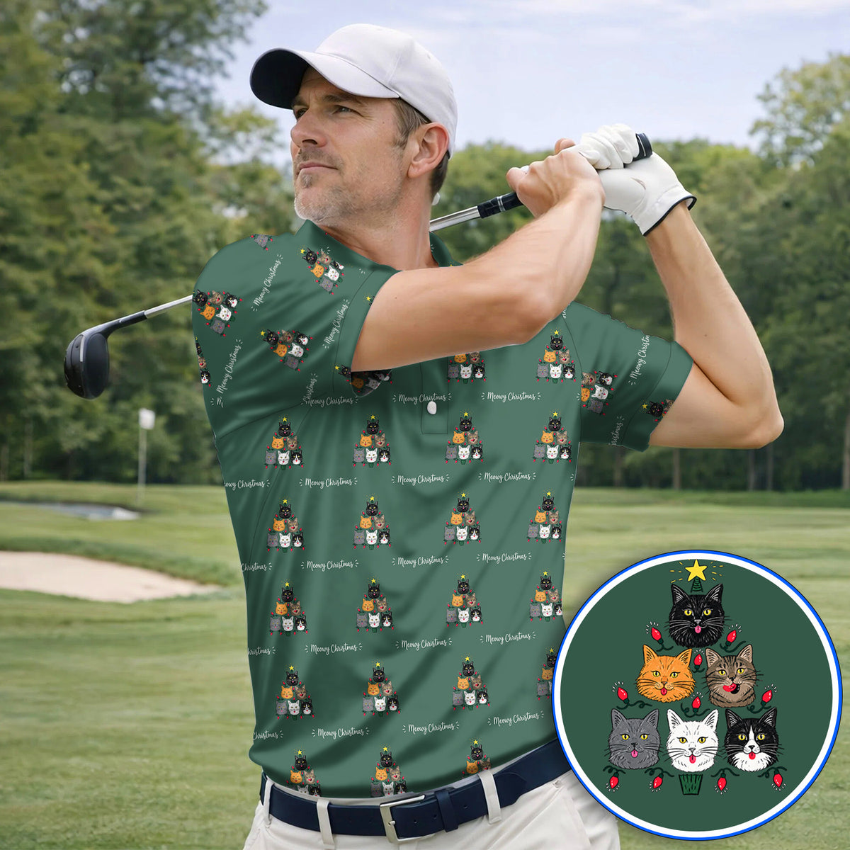 Meowy Christmas Cat Golf Polos, Festive Cat Christmas Pattern Golf Shirt, Xmas Golf Gift For Cat Lovers