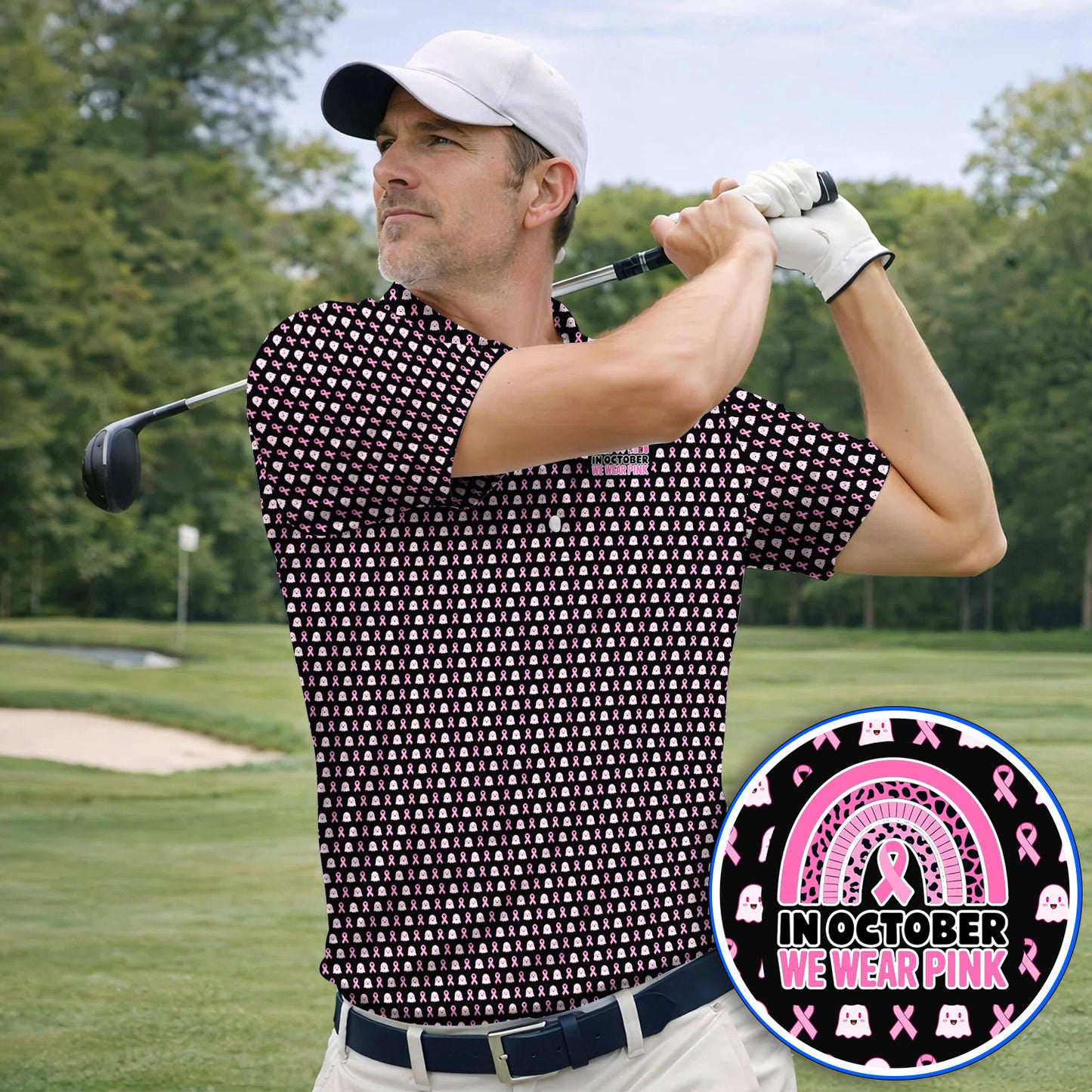Breast Cancer Awareness Golf Polos, In October We Wear Pink Pattern Golf Shirt, Pink Ribbon Golf Gift for Breast Cancer Support
