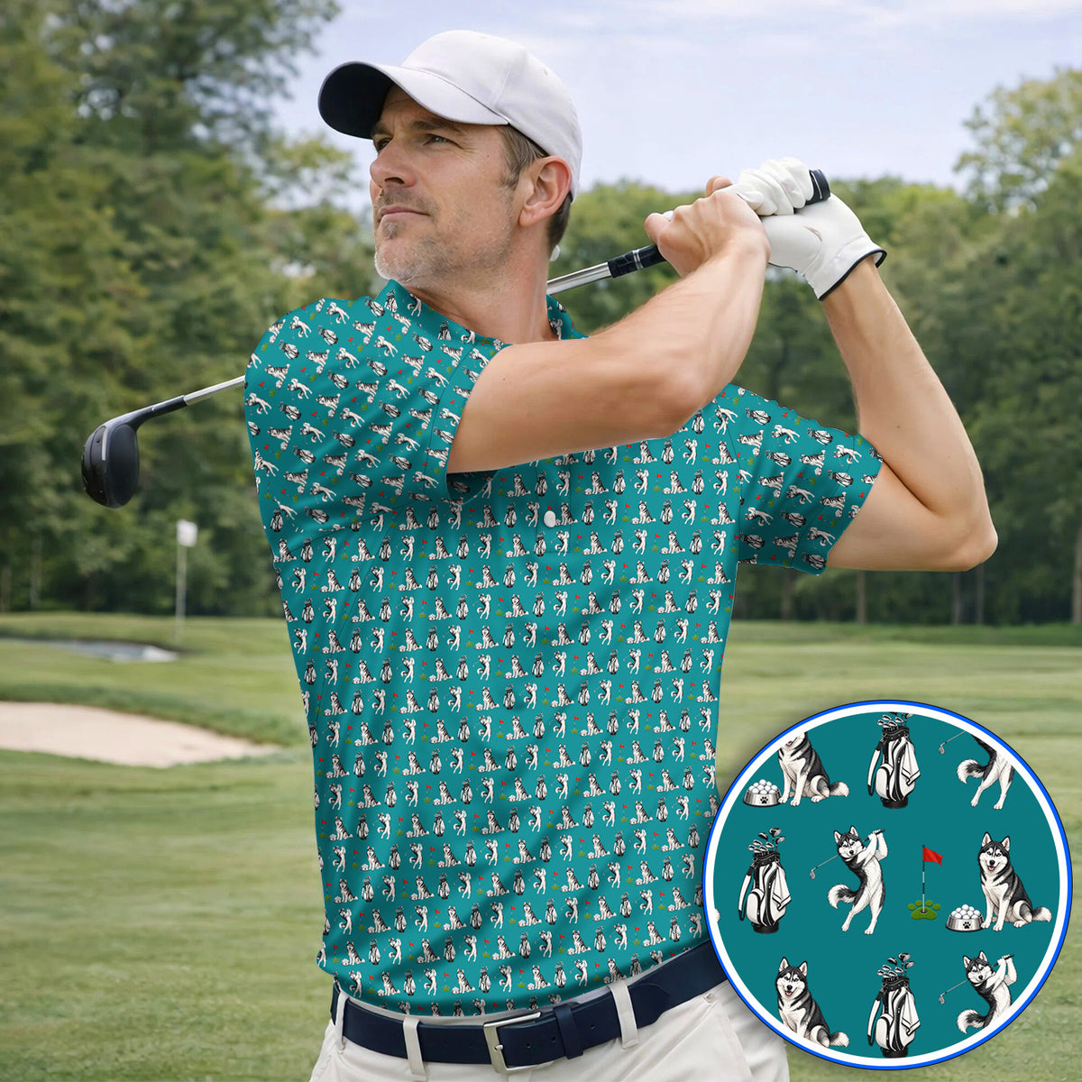 Funny Husky Golf Polos, Husky Sibir Pattern Golf Shirt For Dog Lover, Golf Gift For Golfer