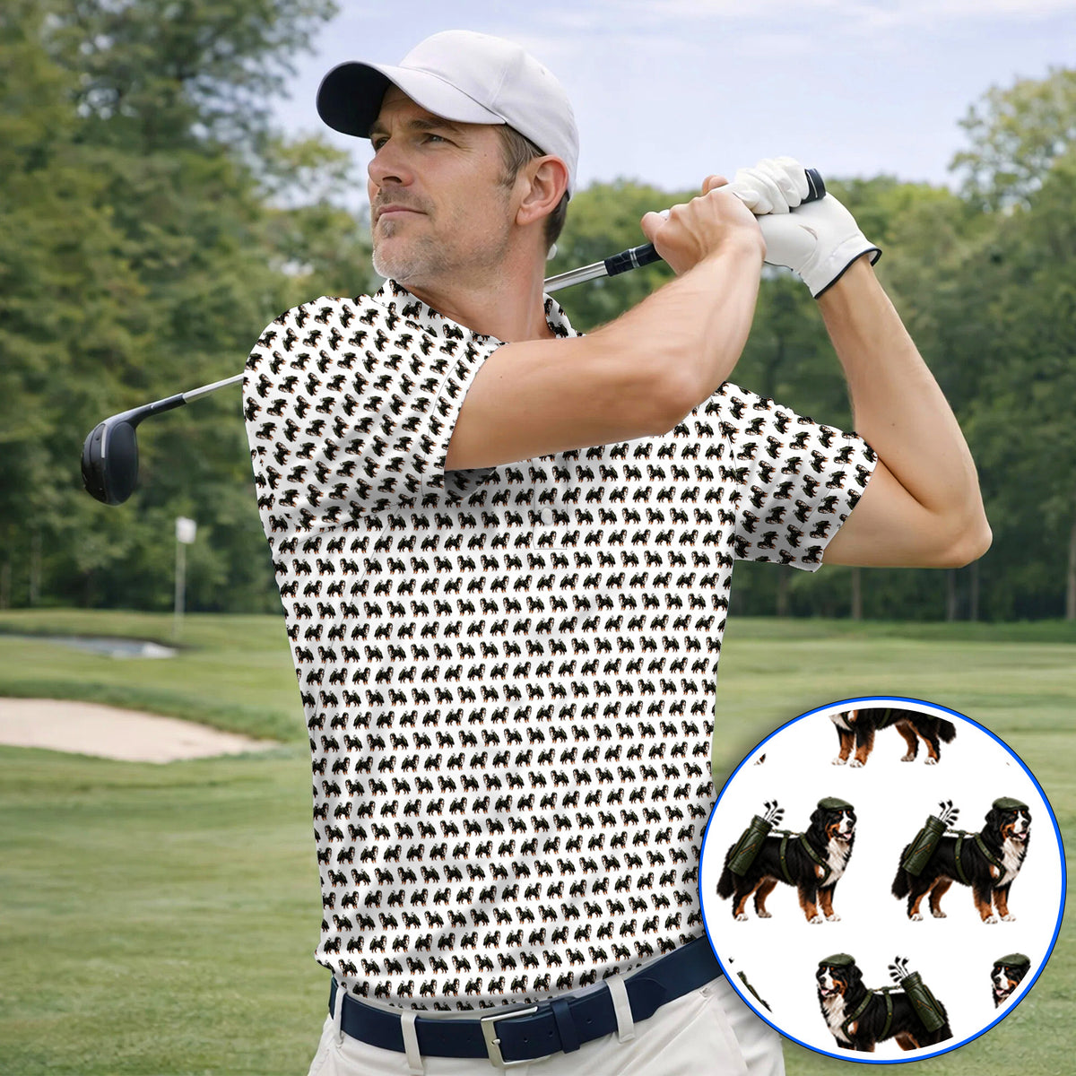 Funny Bernese Mountain Golf Pattern Polos, Bernese Golf Shirt For Dog Lover, Golf Gift For Golfer