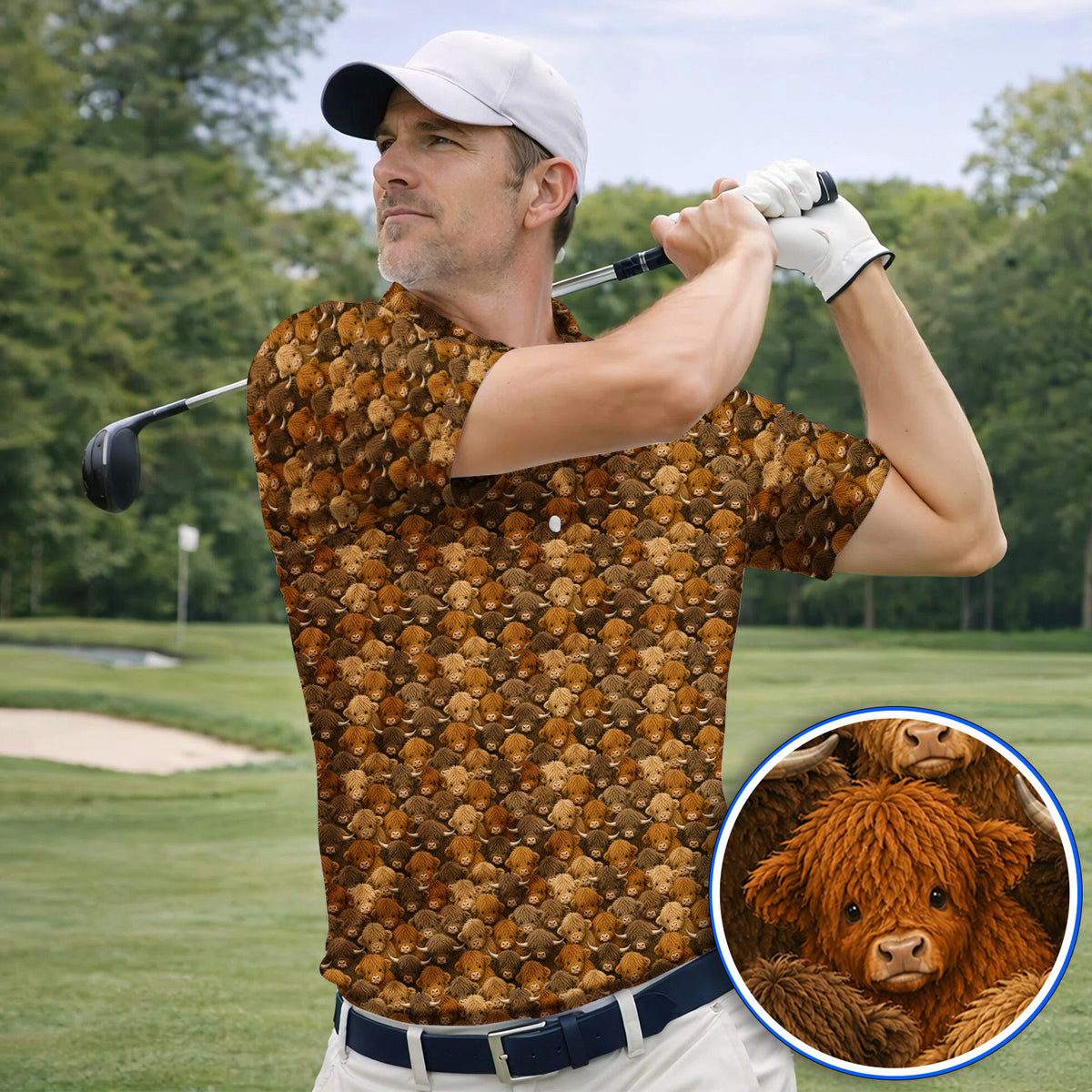 Highland Cow Pattern Golf Polos, Crazy Golf Gift For Golfer, Highland Cow Golf Shirt