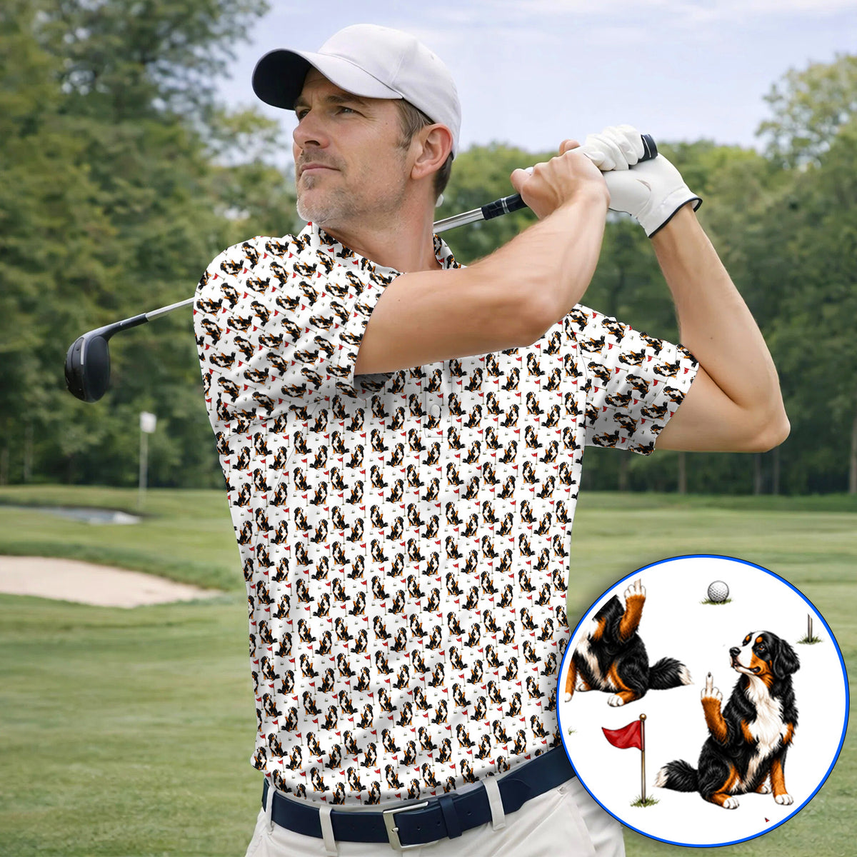 Bernese Mountain Dog Golf Pattern Polos, Bernese Golf Shirt, Funny Dog Lover Golf Gift