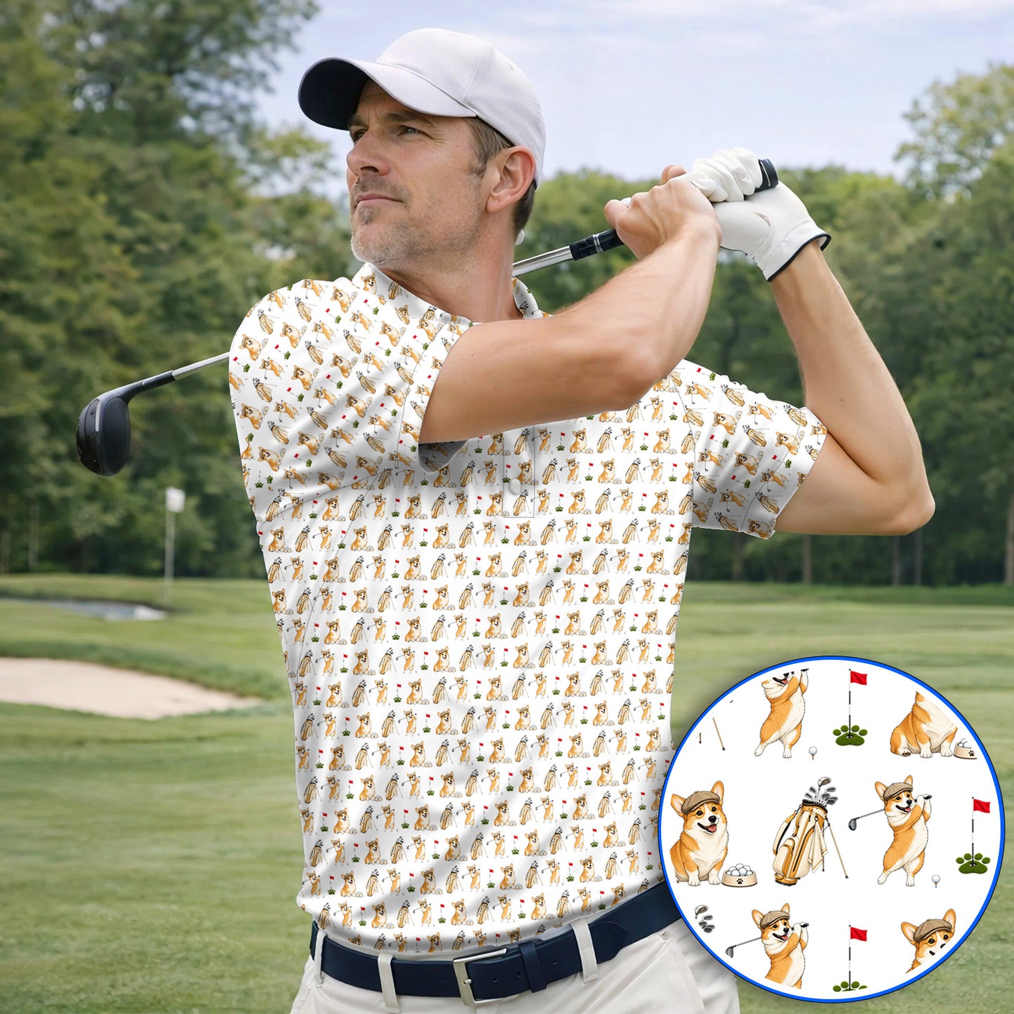 Funny Corgi Golf Shirt, Corgi Pattern Golf Polos, Dog Lover Golf Gift