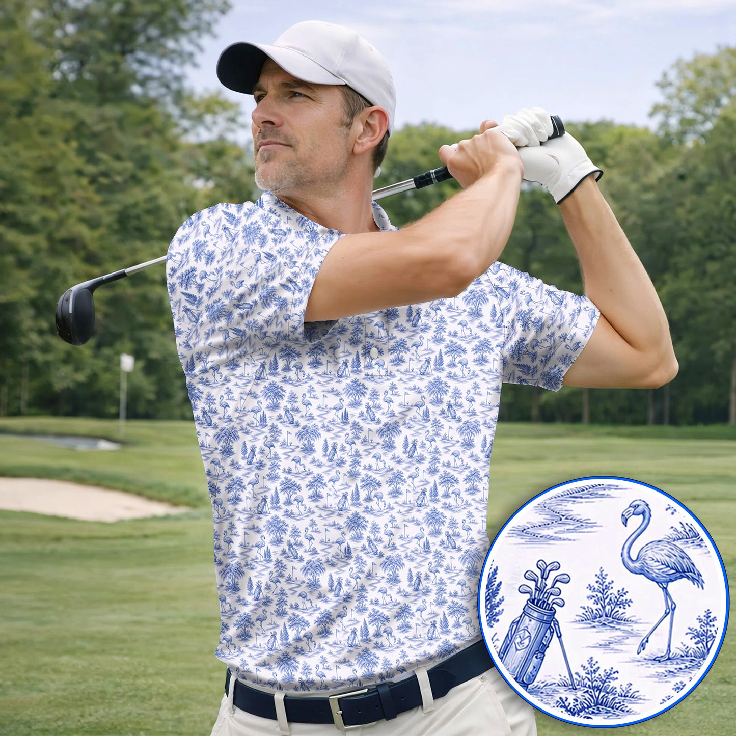 Toile De Jouy Flamingo Pattern Golf Shirt, Crazy Pink Golf Polos, Golf Gift For Golfer