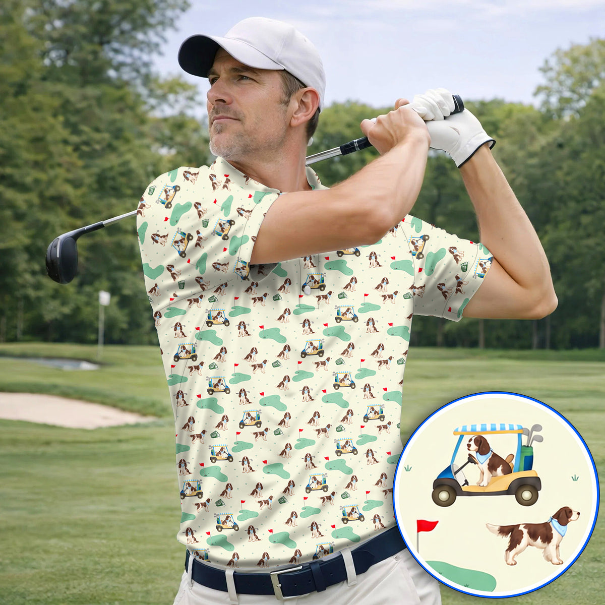 English Springer Spaniel Golf Polos, Pattern Golf Shirt For Dog Lovers, Crazy Golf Gift For Golfer
