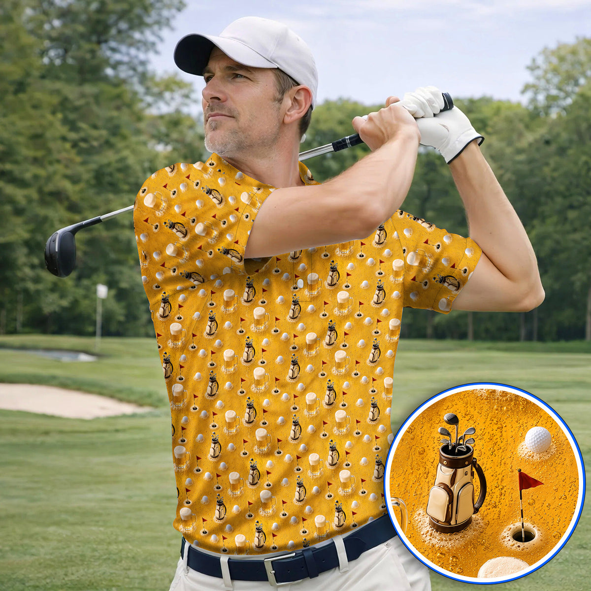 Crazy Golf And Beer Pattern Polos, Beer Lover Golf Shirt, Golf Gift For Golfer