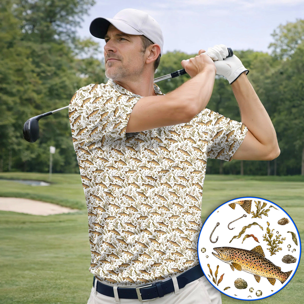 Funny Brown Trout Fishing Golf Polos, Vintage Trout & Fly Fishing Pattern Golf Shirt, Golf Gift For Golfer
