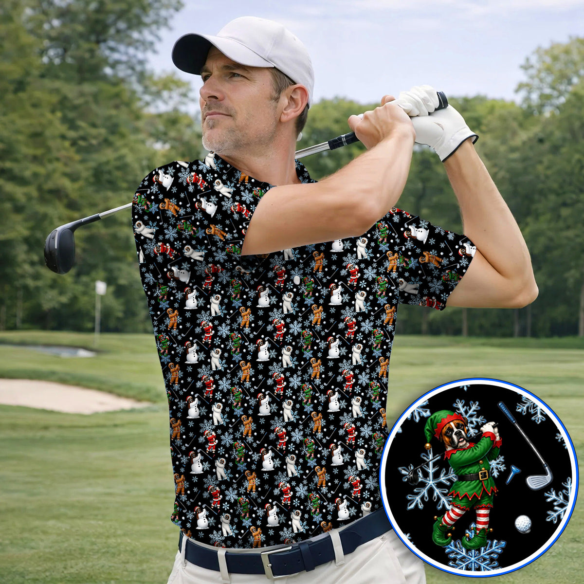 Boxer Christmas Pattern Golf Polos, Funny Holiday Boxer Golfer Shirt, Christmas Golf Gift for Dog Lovers