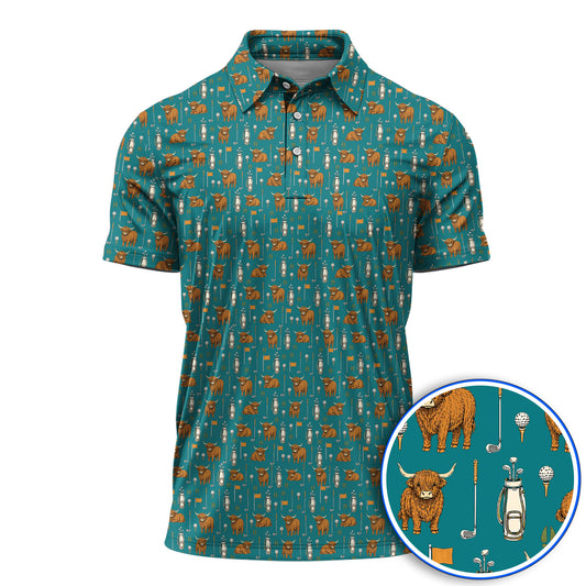 Highland Cow Fairway Polos, Highland Cow Golf Pattern Shirt, Golf Gift For Golfer