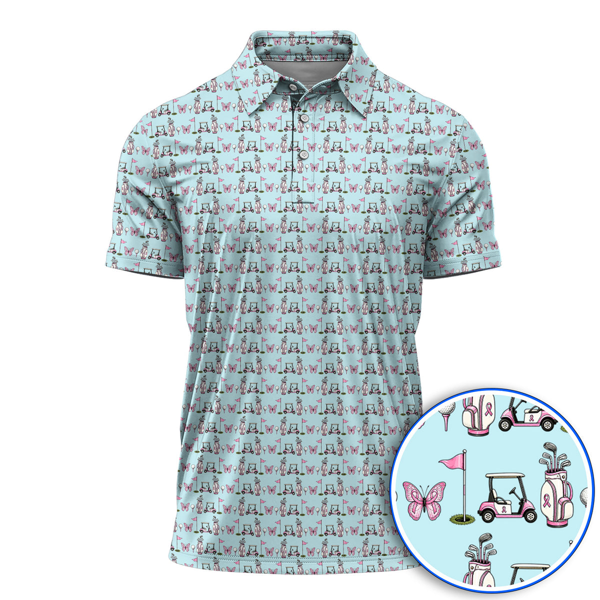 Pink Ribbon Fairway Golf Polos, Breast Cancer Support Golf Cart & Butterfly Pattern Shirt, Awareness Gift for Golfers