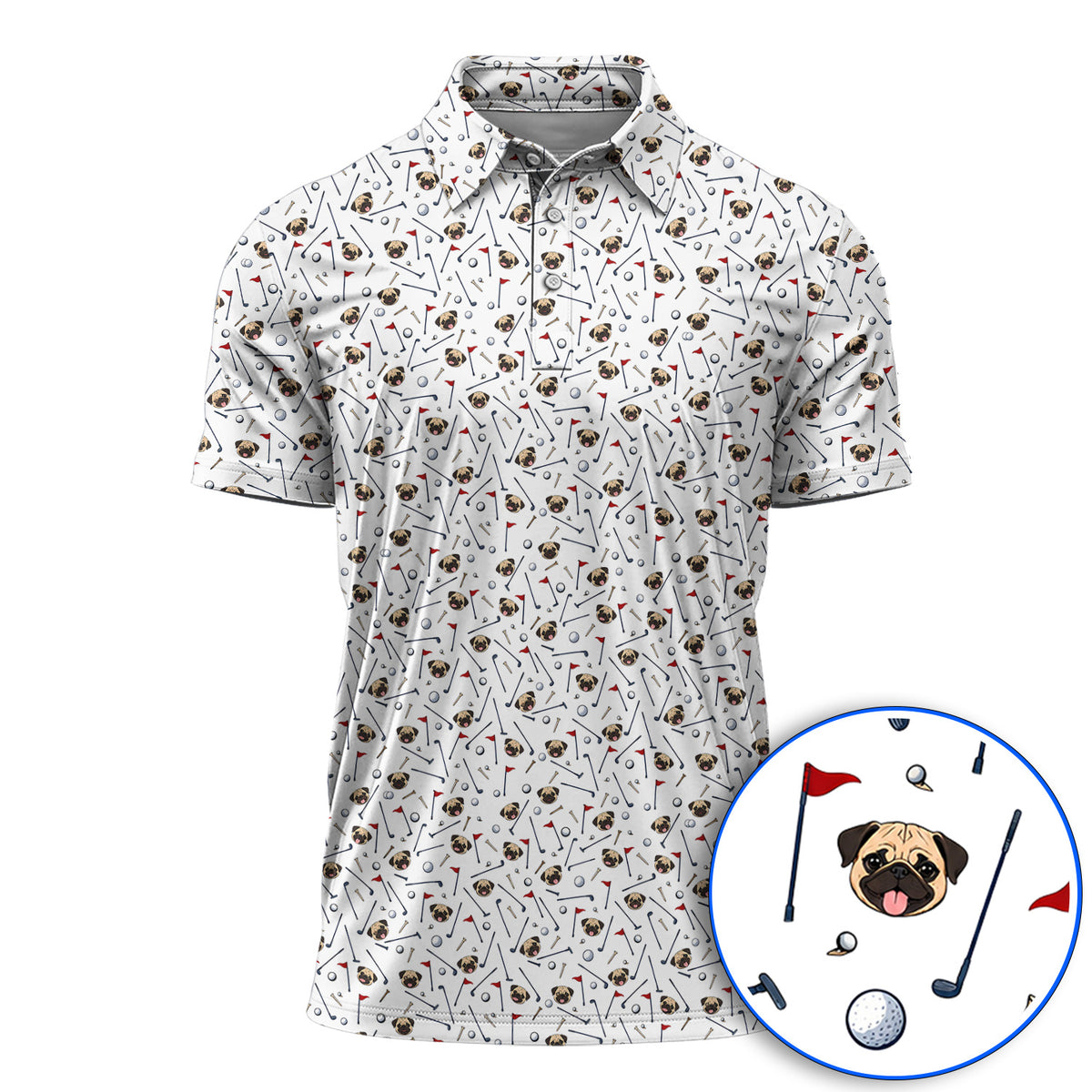 Pug Pattern Golf Polos, Pug Golf Shirt For Dog Lovers, Crazy Golf Gift For Golfers