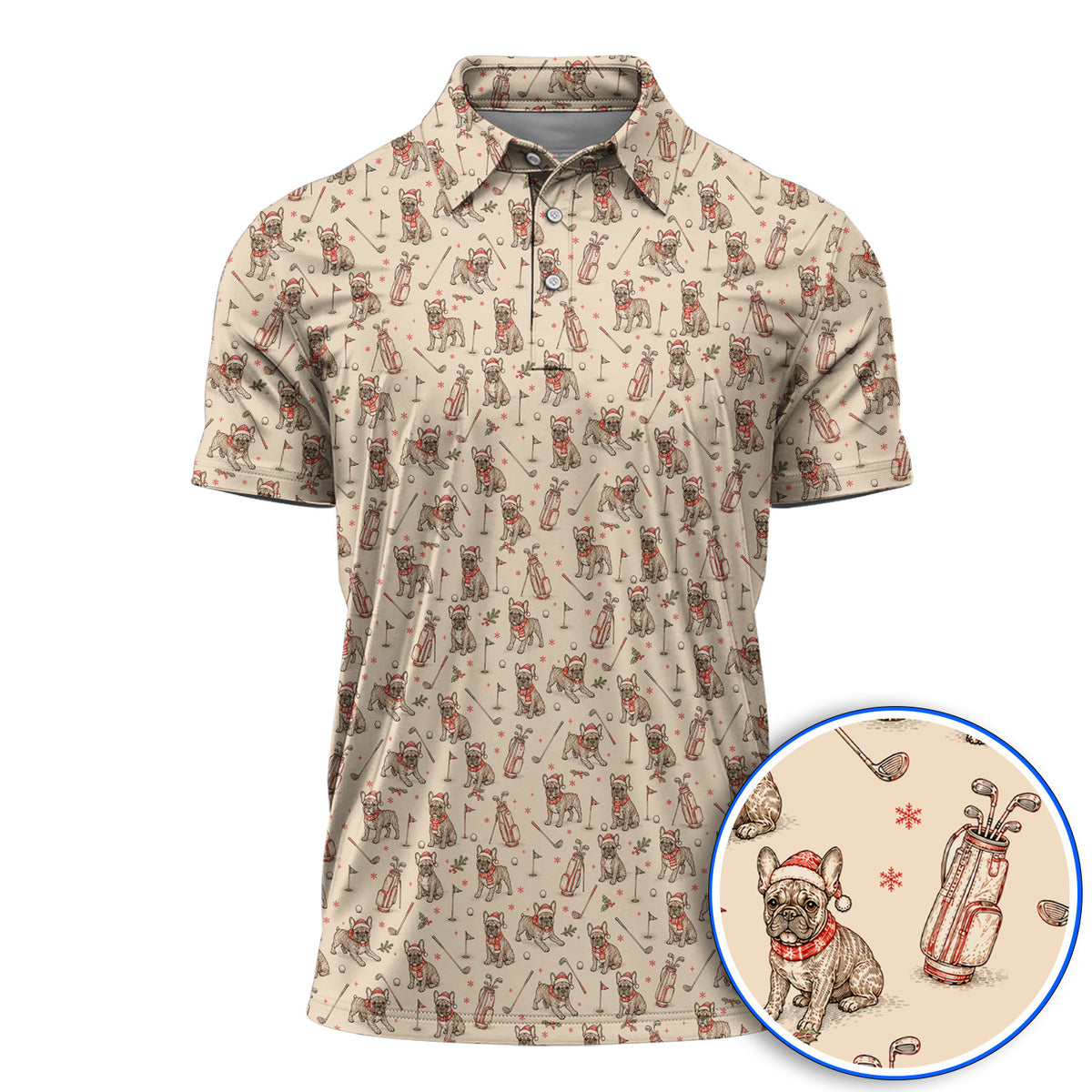 French Bulldog Christmas Golf Polos, Vintage Holiday Dog Pattern Golf Shirt, Xmas Golf Gift for Golfers