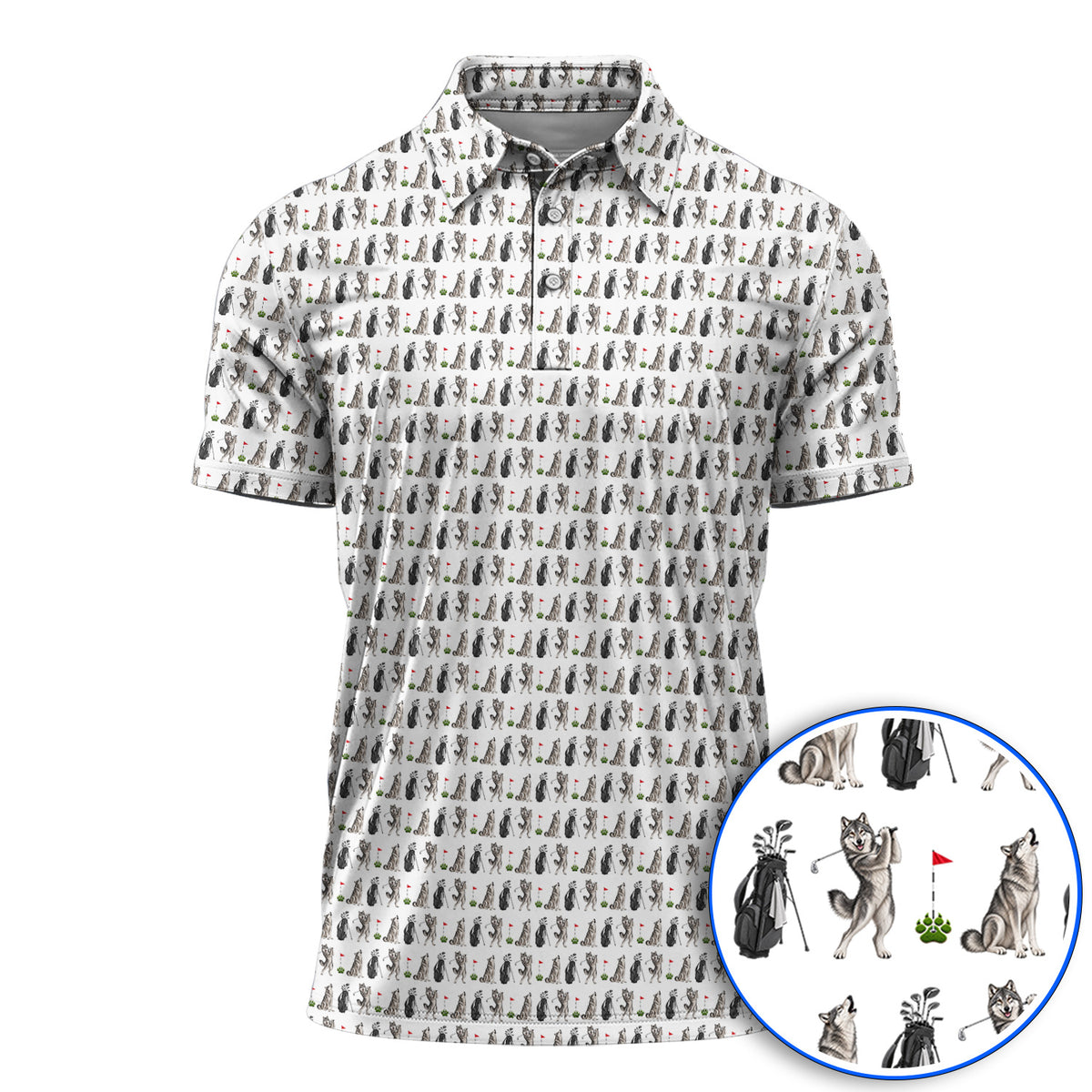 Wolf Golf Polos, Funny Wolf Golf Pattern Shirt, Wildlife Lover Golf Gift for Golfer