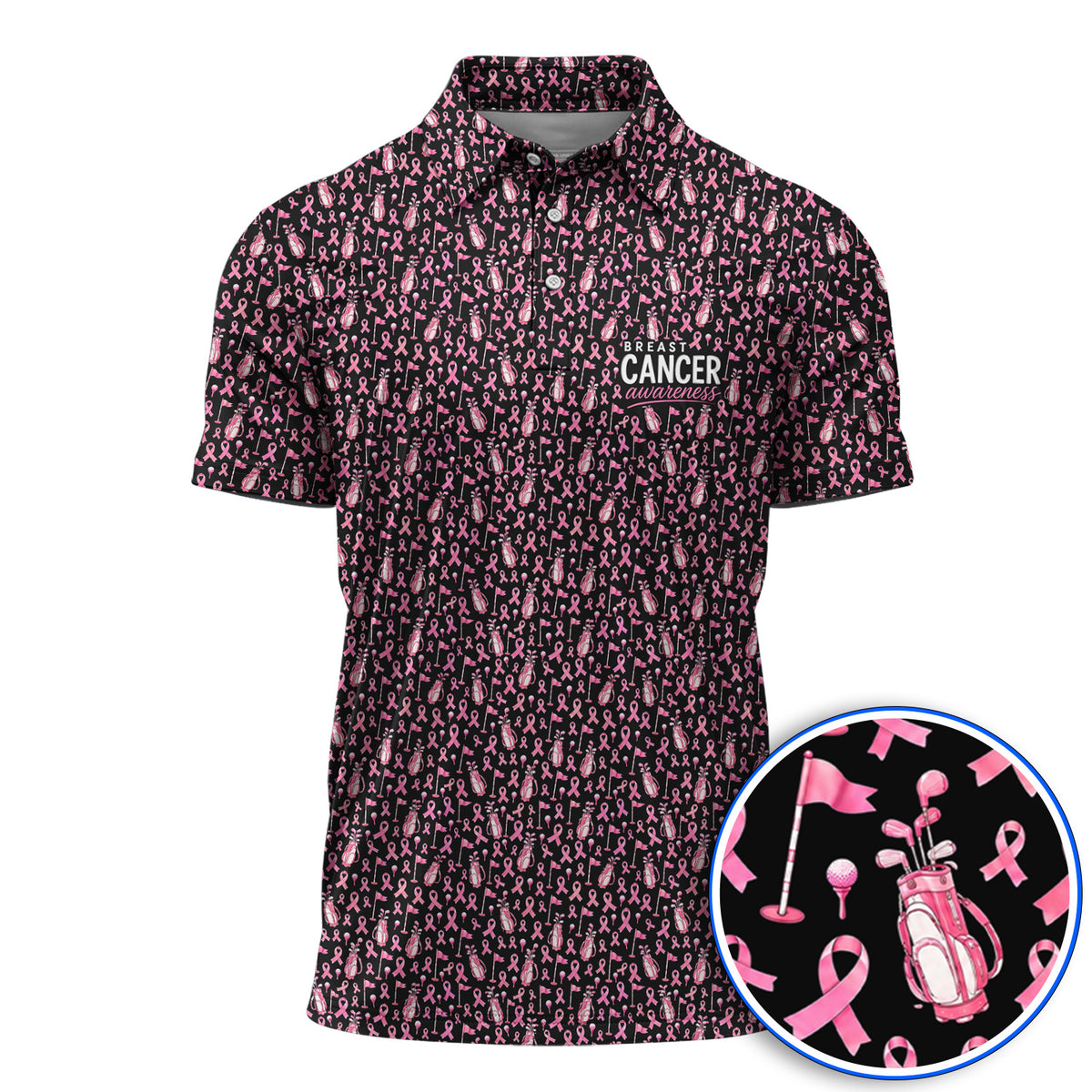 Breast Cancer Awareness Golf Polos, Pink Ribbon Golf Bag Pattern Shirt, October Golf Gift for Golfer
