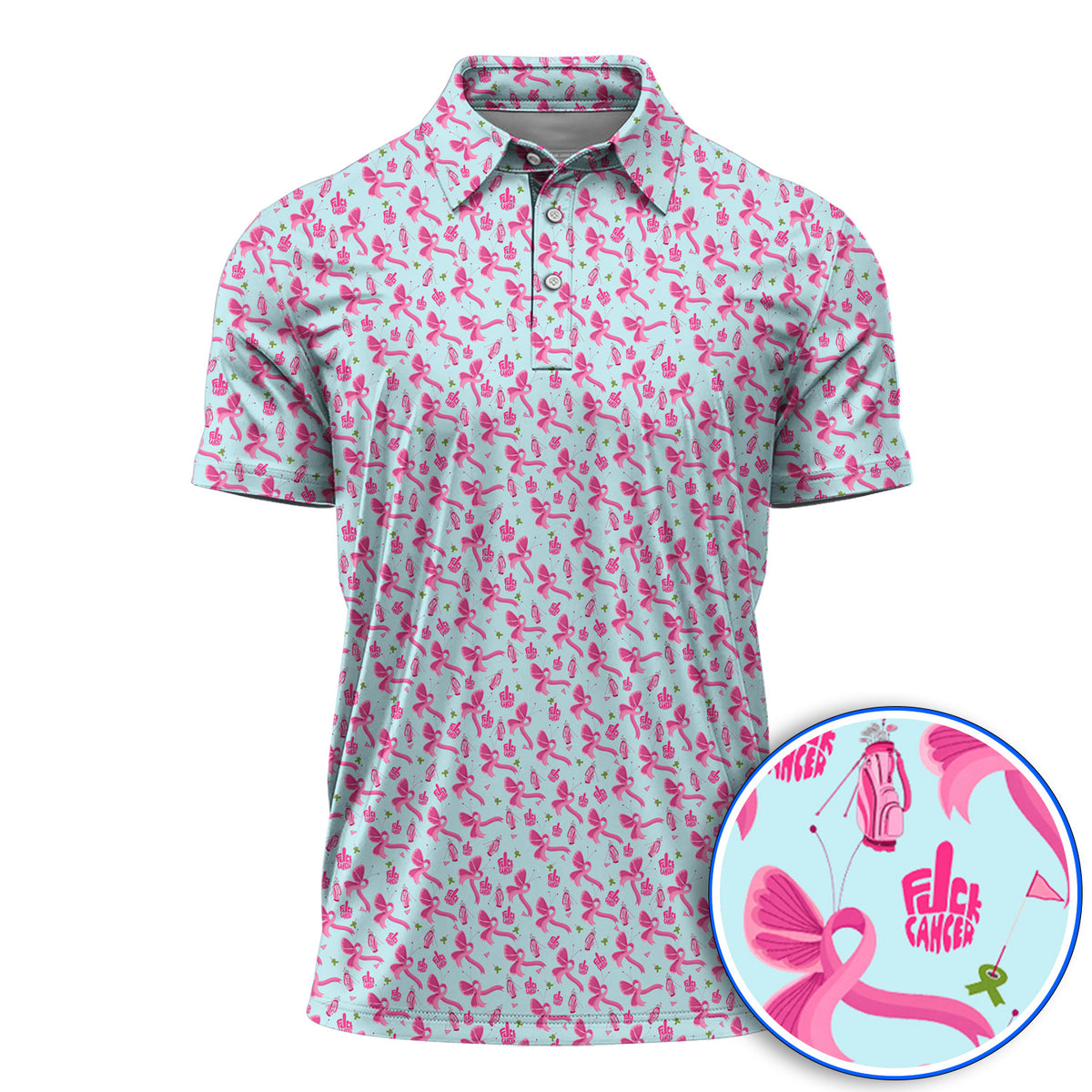 Fight With Every Swing Breast Cancer Awareness Golf Polos, Pink Ribbon & Golf Pattern Shirt, Support Gift for Golfers