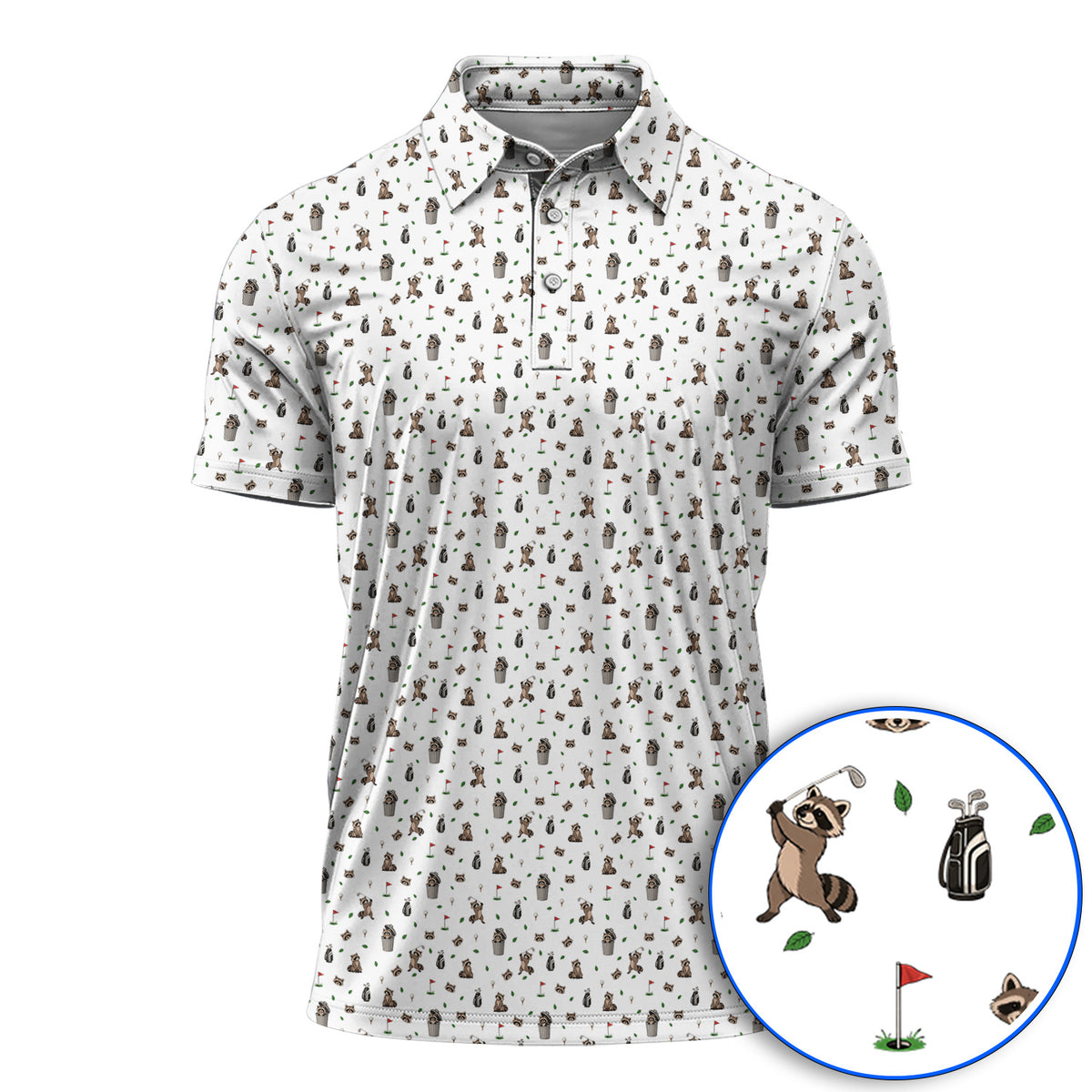 Raccoon Golf Polos, Playful Raccoon Golf Pattern Shirt, Funny Animal Golf Gift for Golfer