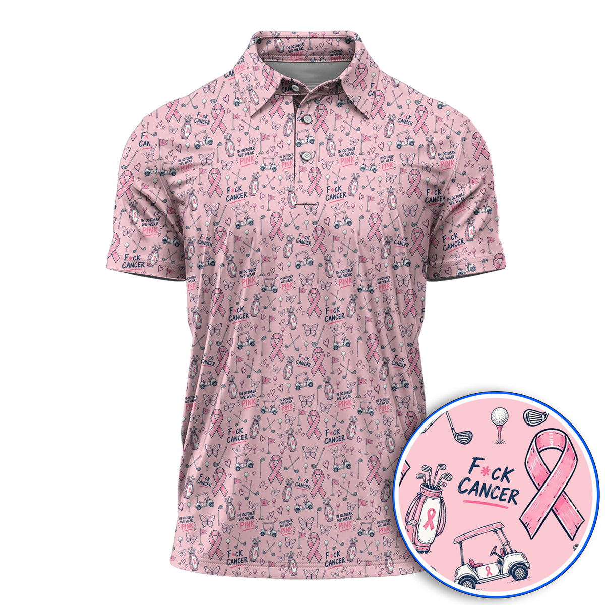 Fight Cancer Golf Shirt, Pink Ribbon Golf Cart Pattern Polos, Breast Cancer Awareness Gift for Golfers