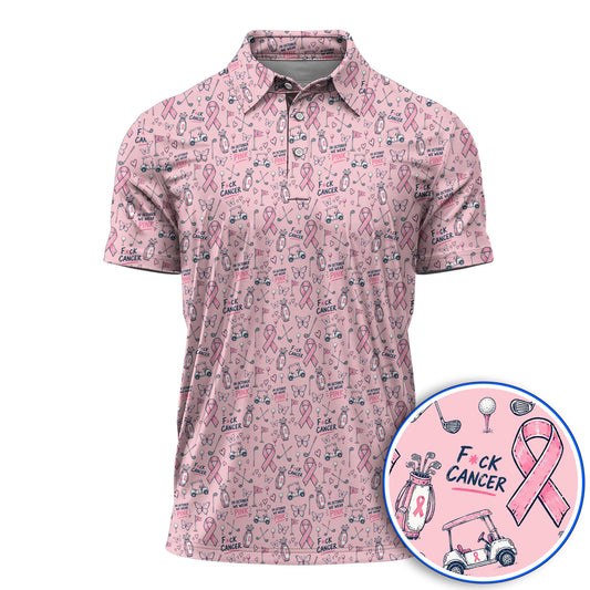 Fight Cancer Golf Shirt, Pink Ribbon Golf Cart Pattern Polos, Breast Cancer Awareness Gift for Golfers