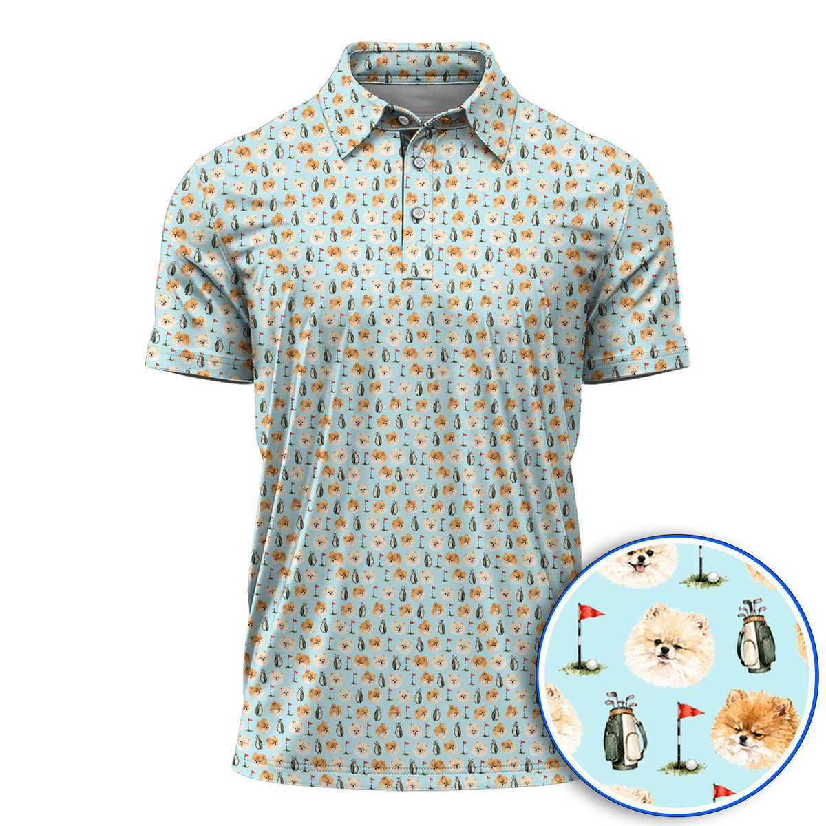 Pomeranian Golf Shirt, Fluffy Pom Dog & Golf Pattern Polos, Funny Golf Gift For Golfer