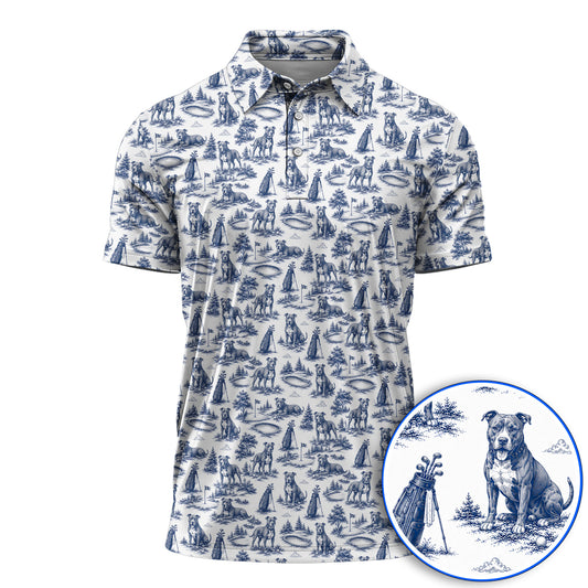Crazy Pit Bull Golf Polos For Golfer, Toile de Jouy Pit Bull Pattern Golf Shirt, Dog Lover Golf Gift