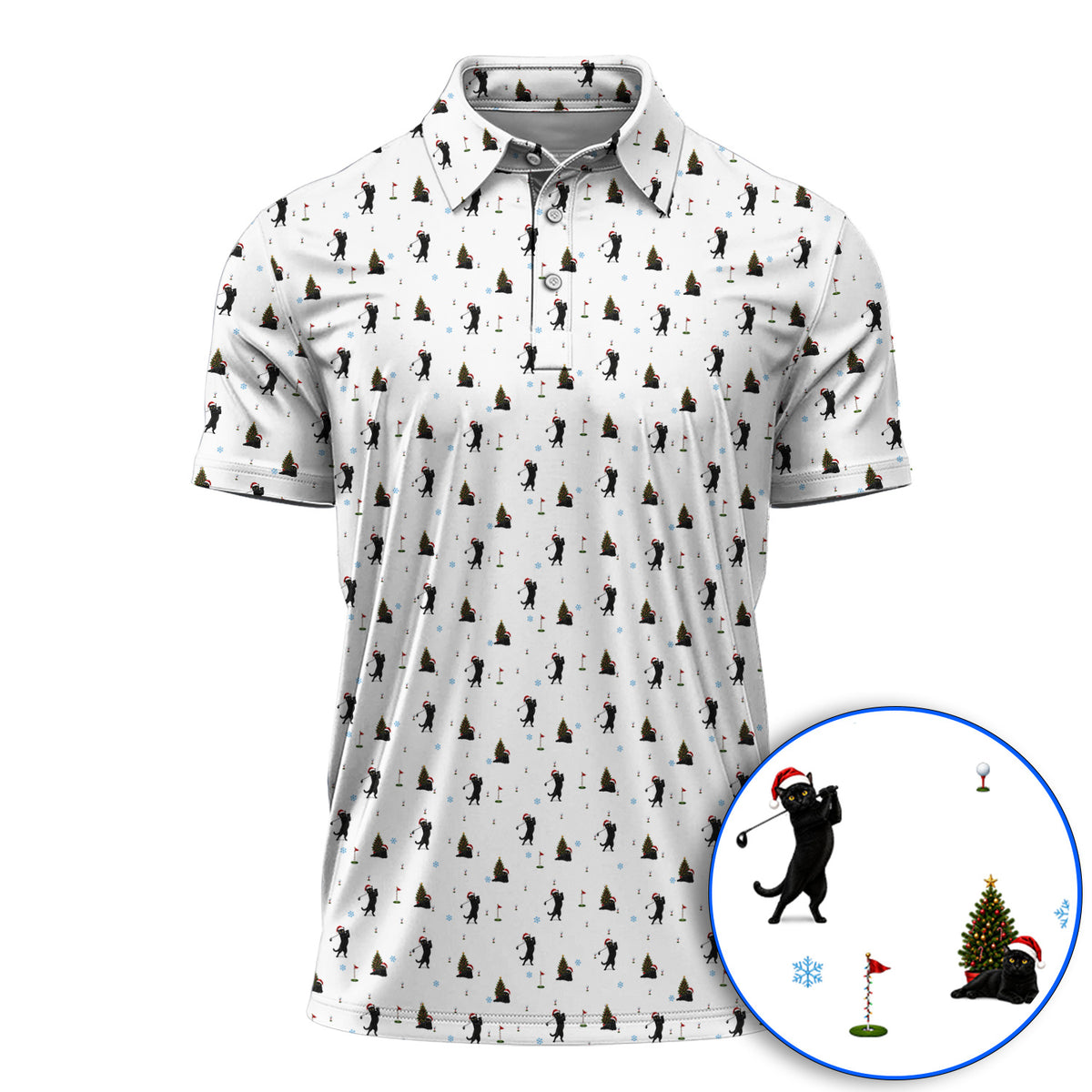 Black Cat Christmas Golf Shirt, Funny Cat Pattern Golf Polos, Xmas Golf Gift for Golfers