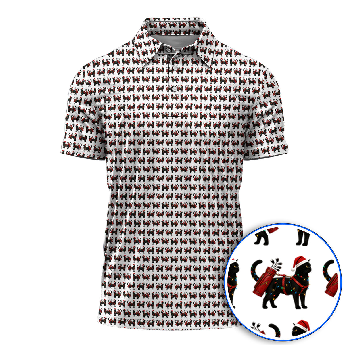Black Cat Christmas Golf Shirt, Crazy Cats Golf Polos For Xmas Holiday, Golf Gift For Cat Loving Golfer