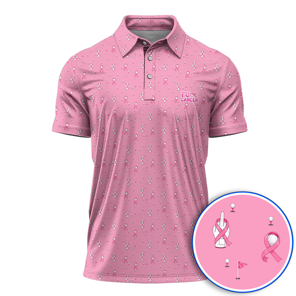 Pink Ribbon Golf Polos, Breast Cancer Awareness Pattern Golf Shirt, Supportive Golfer Gift for Golfer