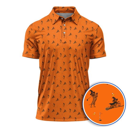 Funny Witch Dachshund Golf Shirt, Halloween Wiener Dog Pattern Golf Polos, Golf Gift for Golfer