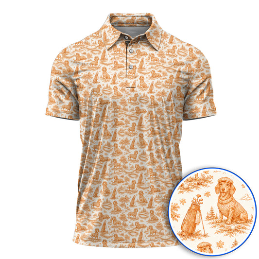 Dachshund Toile de Jouy Golf Polos, Autumn Wiener Dog Pattern Golf Shirt, Crazy Golf Gift For Golfer