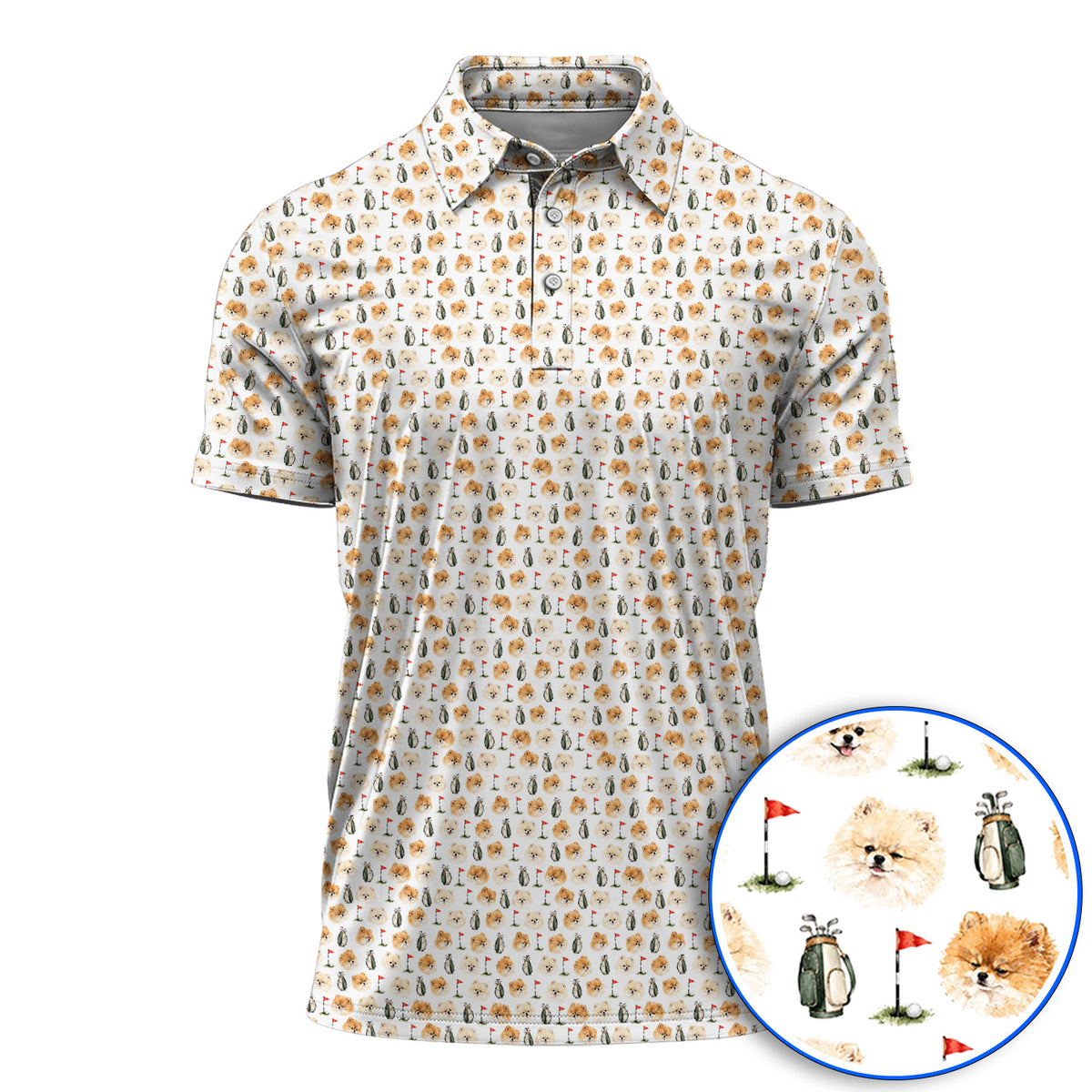 Pomeranian Golf Shirt, Fluffy Pom Dog & Golf Pattern Polos, Funny Golf Gift For Golfer