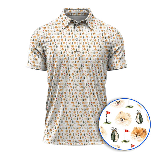 Pomeranian Golf Shirt, Fluffy Pom Dog & Golf Pattern Polos, Funny Golf Gift For Golfer