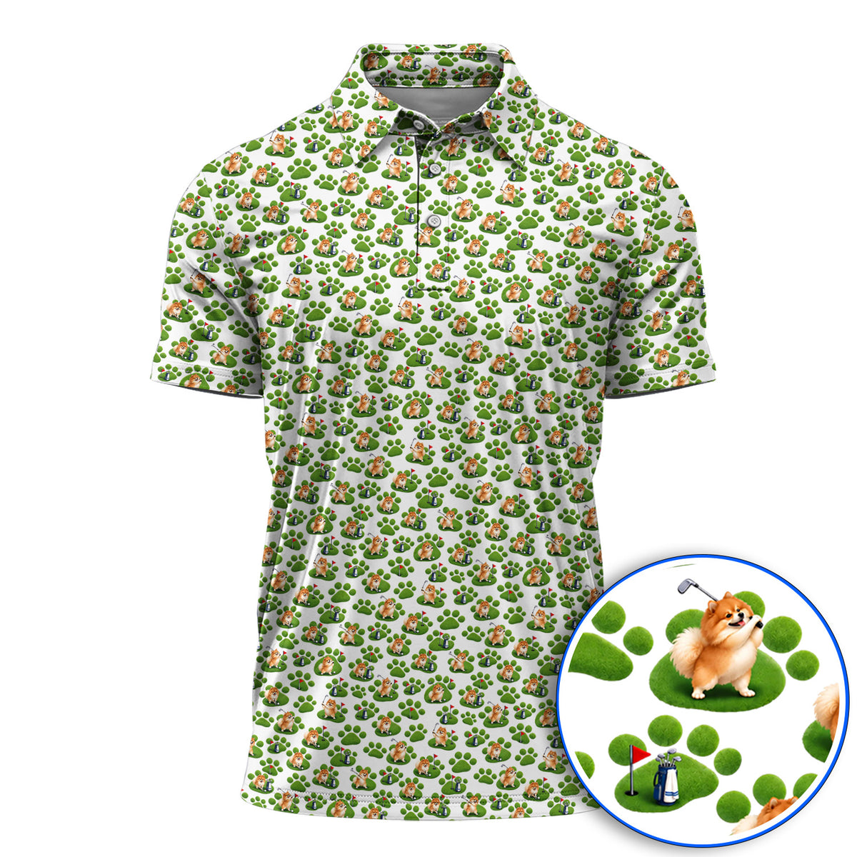 Pomeranian Paw Pattern Golf Polos, Cute Fluffy Pom Dog Pattern Golf Shirt, Crazy Golf Gift For Golfers