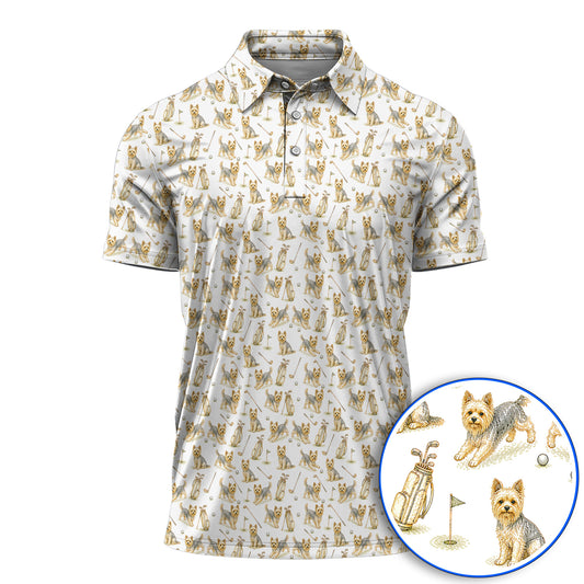 Yorkshire Terrier Golf Shirt, Vintage Yorkie Golf Pattern Polos, Cute Dog Lover Golf Apparel For Golfer