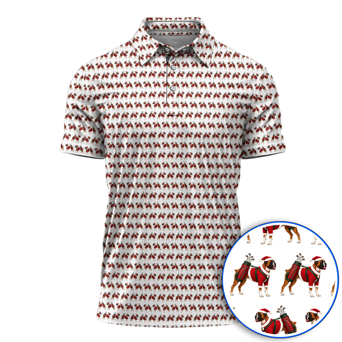 Boxer Dog Christmas Pattern Golf Polos, Santa Boxer Golf Shirt, Boxer Lover Holiday Golf Gift For Golfer