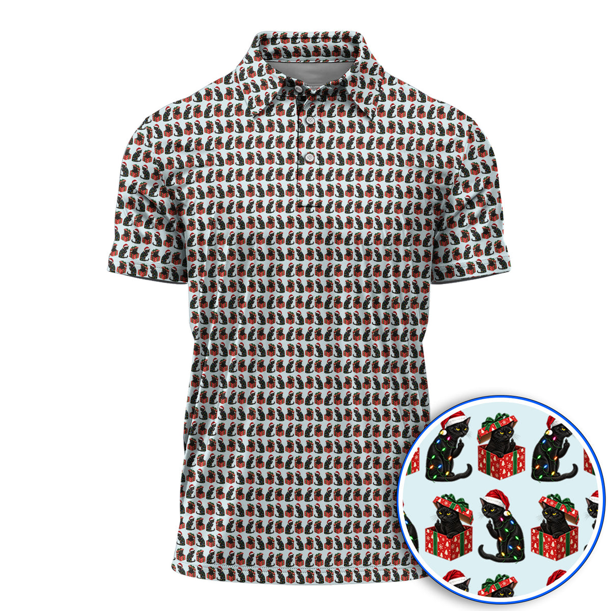 Black Cat Christmas Pattern Golf Polos, Funny Christmas Cat Golf Shirt, Holiday Gift for Cat Lovers
