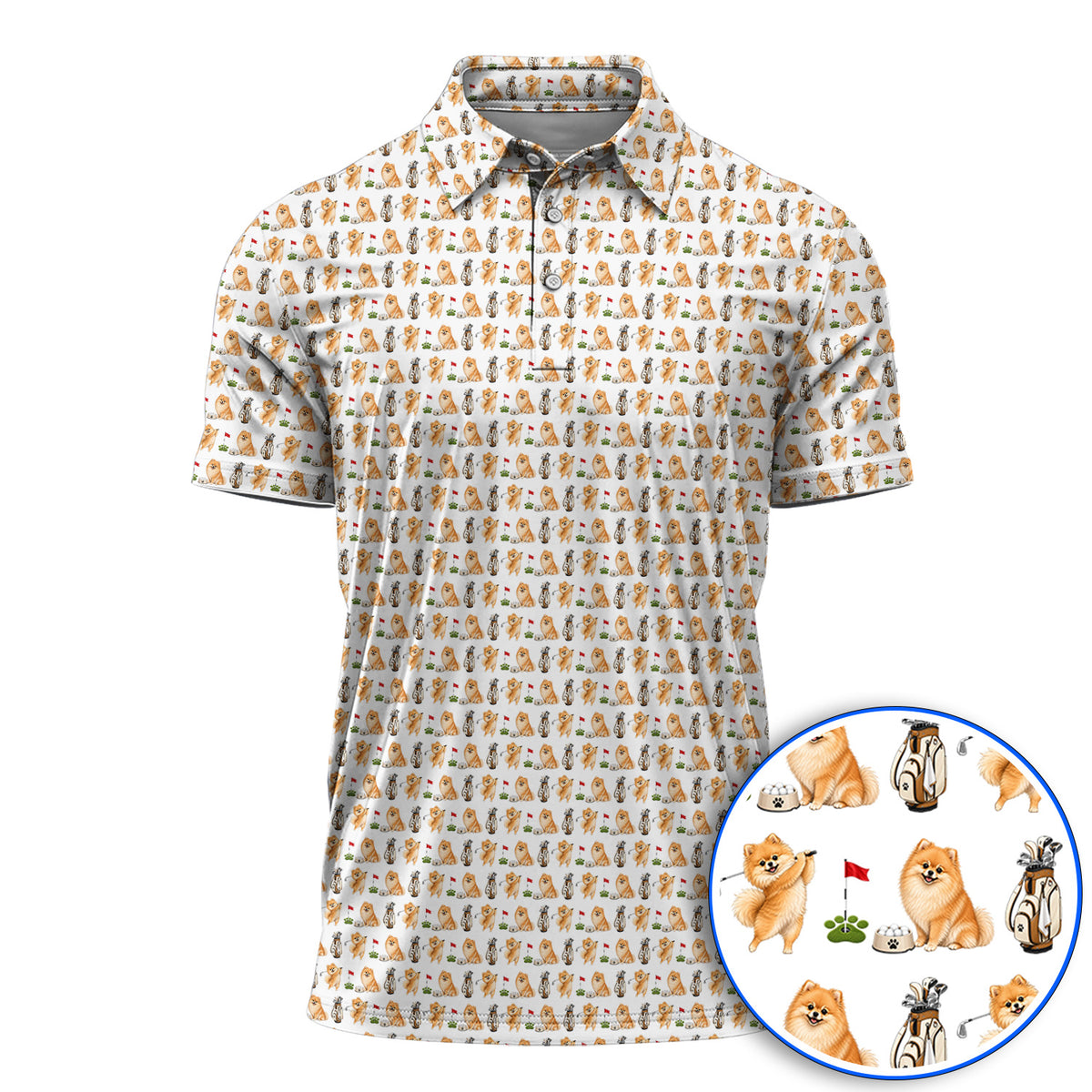 Pomeranian Pattern Golf Polos, Pomeranian Dog Golf Shirt, Golf Gift For Golfer