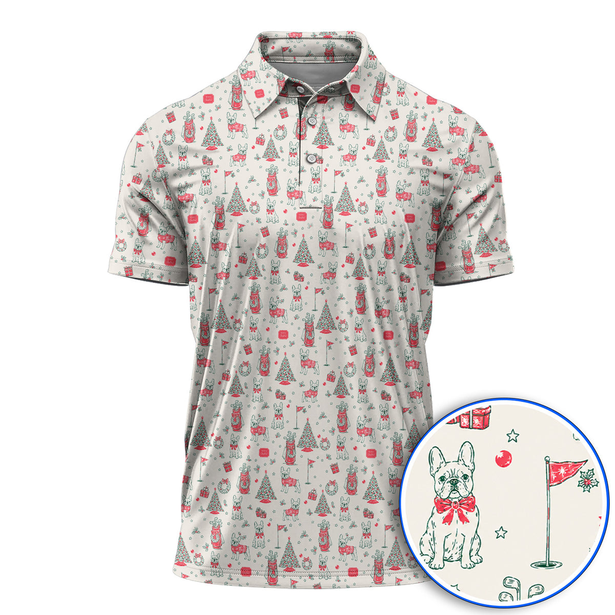 French Bulldog Christmas Golf Polos, Festive Dog Golf Pattern Shirt, Funny Xmas Golf Gift for Golfers