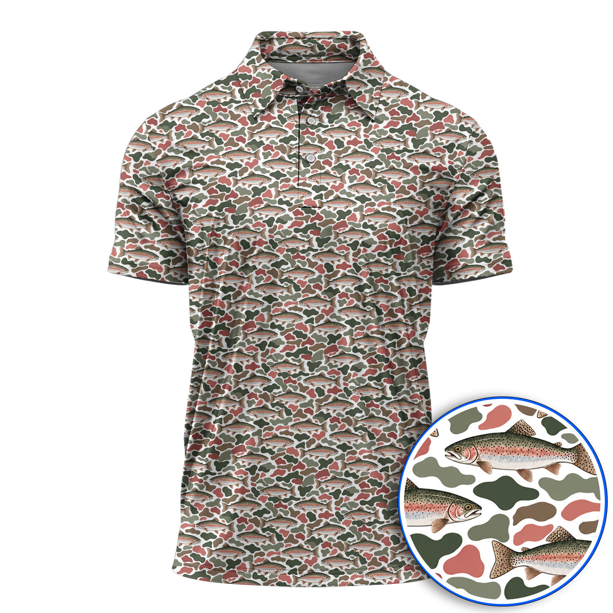 Rainbow Trout Camo Golf Shirt, Trout Fishing Camouflage Pattern Golf Polos, Crazy Golf Gift For Golfer