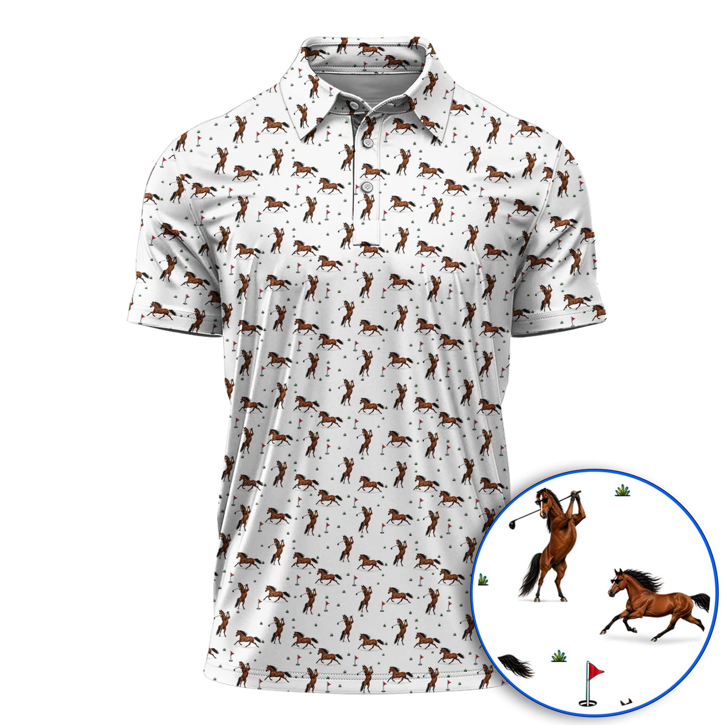 Crazy Horse Golf Pattern Polos, American Quarter Horse Golf Shirt, Western Horse Gift for Golfers