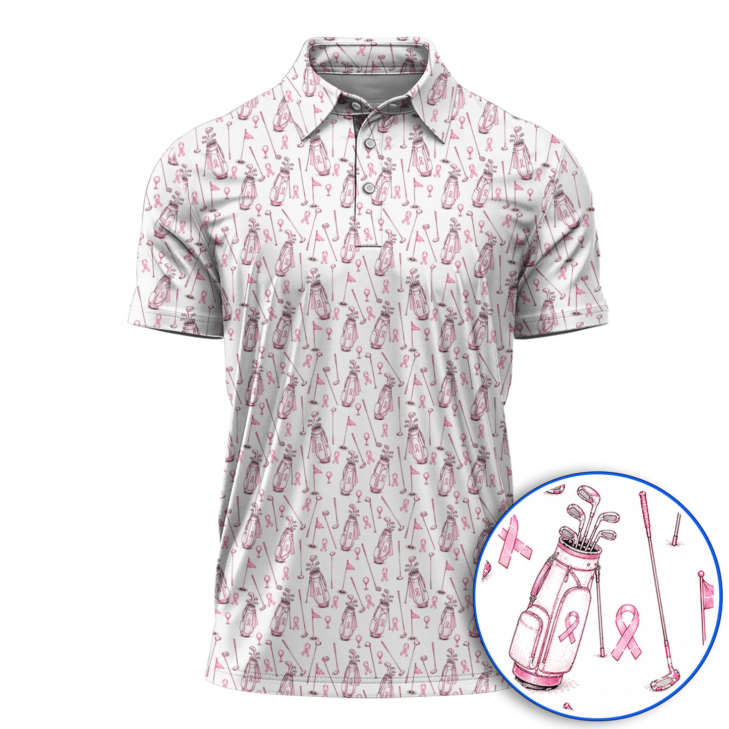 Breast Cancer Pattern Golf Shirt, Pink Ribbon Golf Polos for Golf Lovers, Support Breast Cancer Awareness Gift