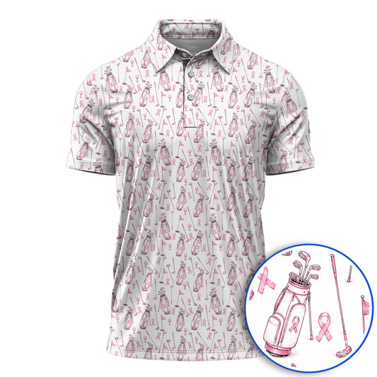 Breast Cancer Pattern Golf Shirt, Pink Ribbon Golf Polos for Golf Lovers, Support Breast Cancer Awareness Gift
