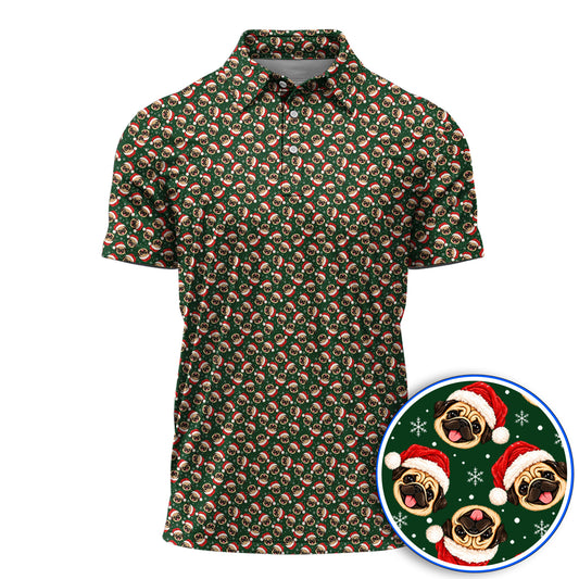 Funny Christmas Pug Golf Polos, Pug Pattern Golf Shirt For Dog Lovers, Xmas Golf Gift For Golfers